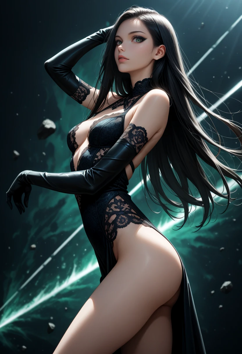 a very beautiful, otherworldly femme fatale. Wearing a skin-tight form fitting short dress of wet heavy steel. Gently looking at the camera. With long black hair in the wind and bright iridescent well-proportioned eyes, delicate face, beautiful artwork by Artgerm and Range very beautiful, otherworldly femme fatale. Wearing a skin-tight form fitting short dress of wet leather, slender, slender waist, fantasy, intricate, elegant, highly detailed, digital painting, artstation, concept art, skin tight, sharp focus, illustration, art by Artgerm and Greg Rutkowski and Alphonse Mucha --auto
