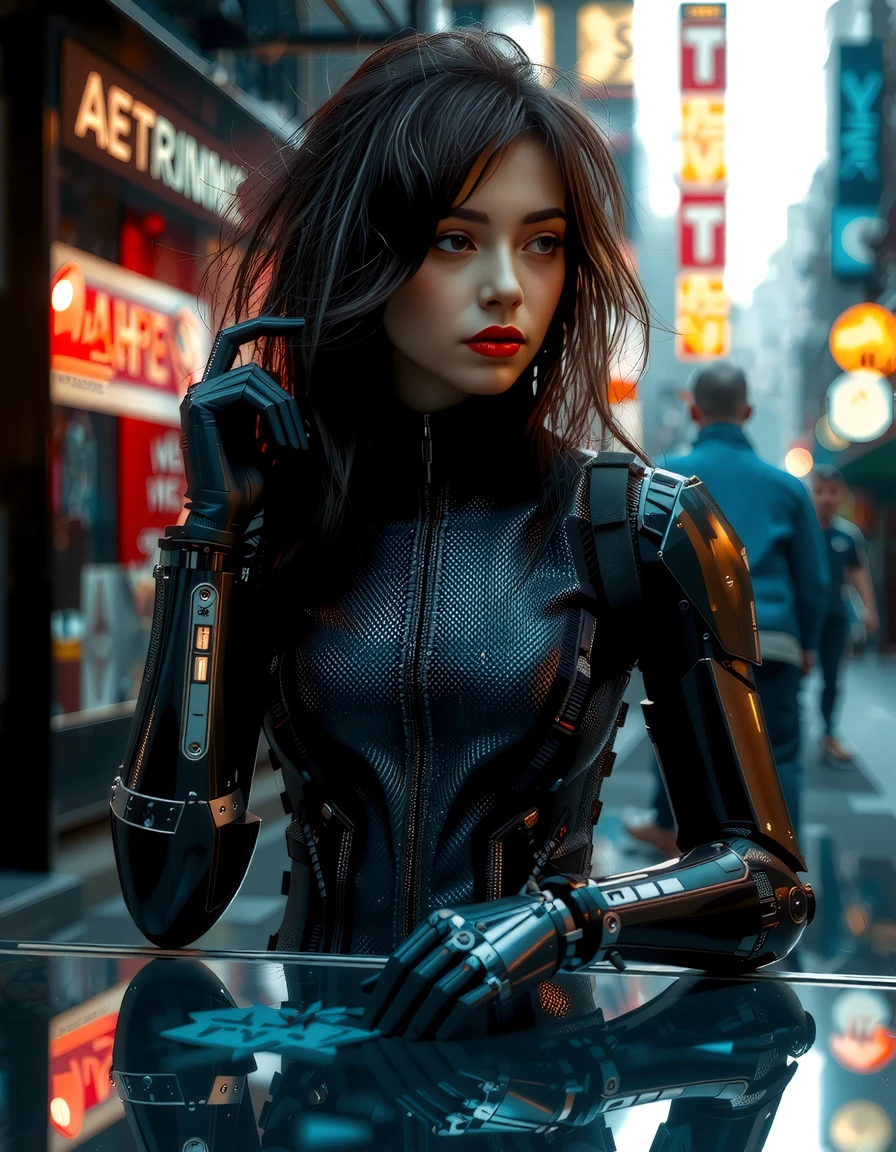cyberpunk_edgerunners style, cybernetic charm, cybernetic vigilante android young french woman, virtual black market trading hub, wearing nanofiber jumpsuit, Polished steel cybernetic arms with etched patterns, hydraulic pistons, reflective surface, style of Benedick Bana, messy, streaks, Maciej Kuciara,   <lora:flux_trainer/moxiePunk_v3S>