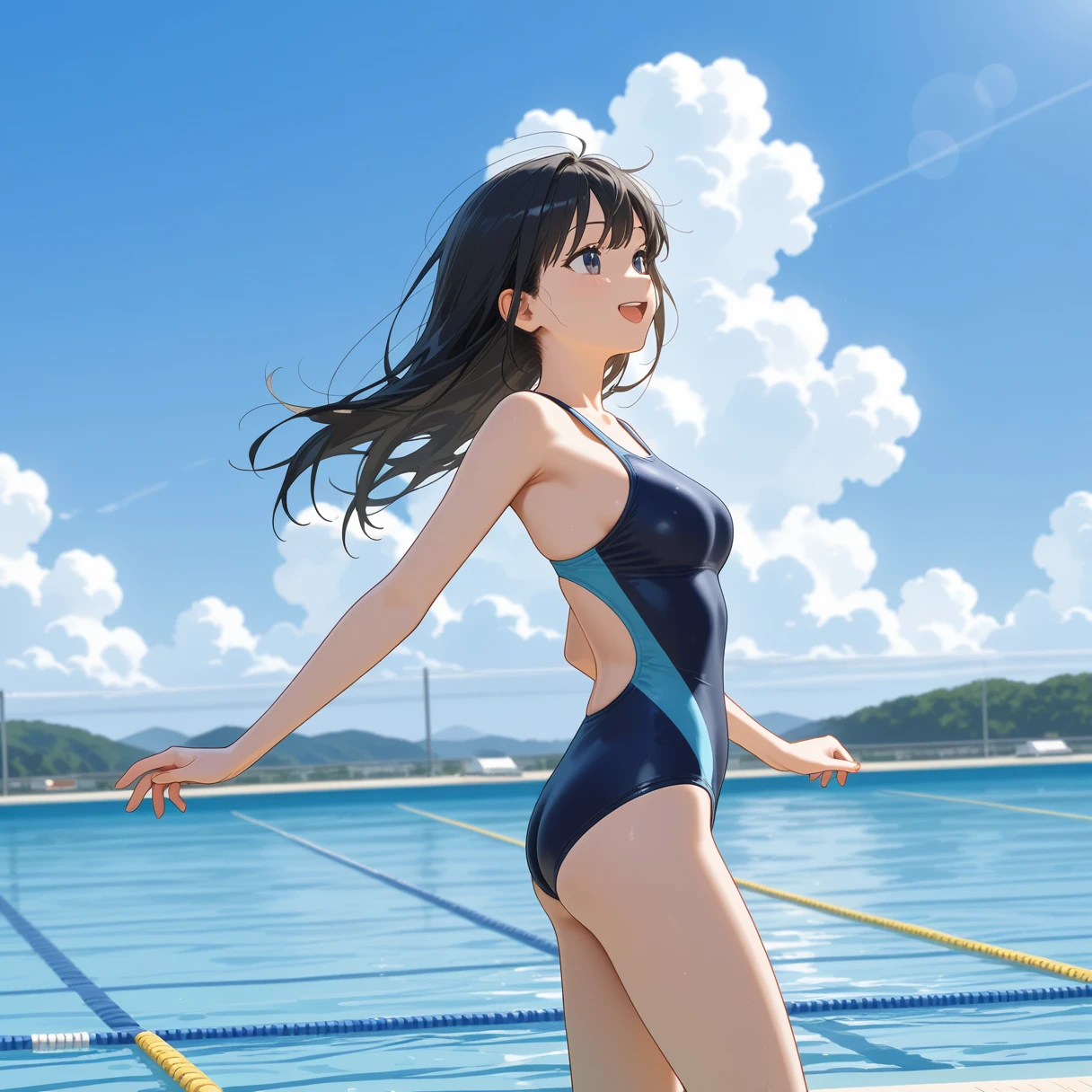 1 girl, black hair, long hair, medium breasts, happy, smile, open mouth,
KK-1750, one-piece swimsuit,poolside, blue sky, summer sky, from side,
,sky,cloudy sky,solo,standing,
,(scenery:1.1),, photo background, (detailed background, detailed scenery : 1.1),depth of field, daytime,
,(roof:-2.0),(pillar:-2.0),
(telephone pole:-1.5),
<lora:dmd2_sdxl_4step:1>masterpiece, best quality, newest, absurdres, safe