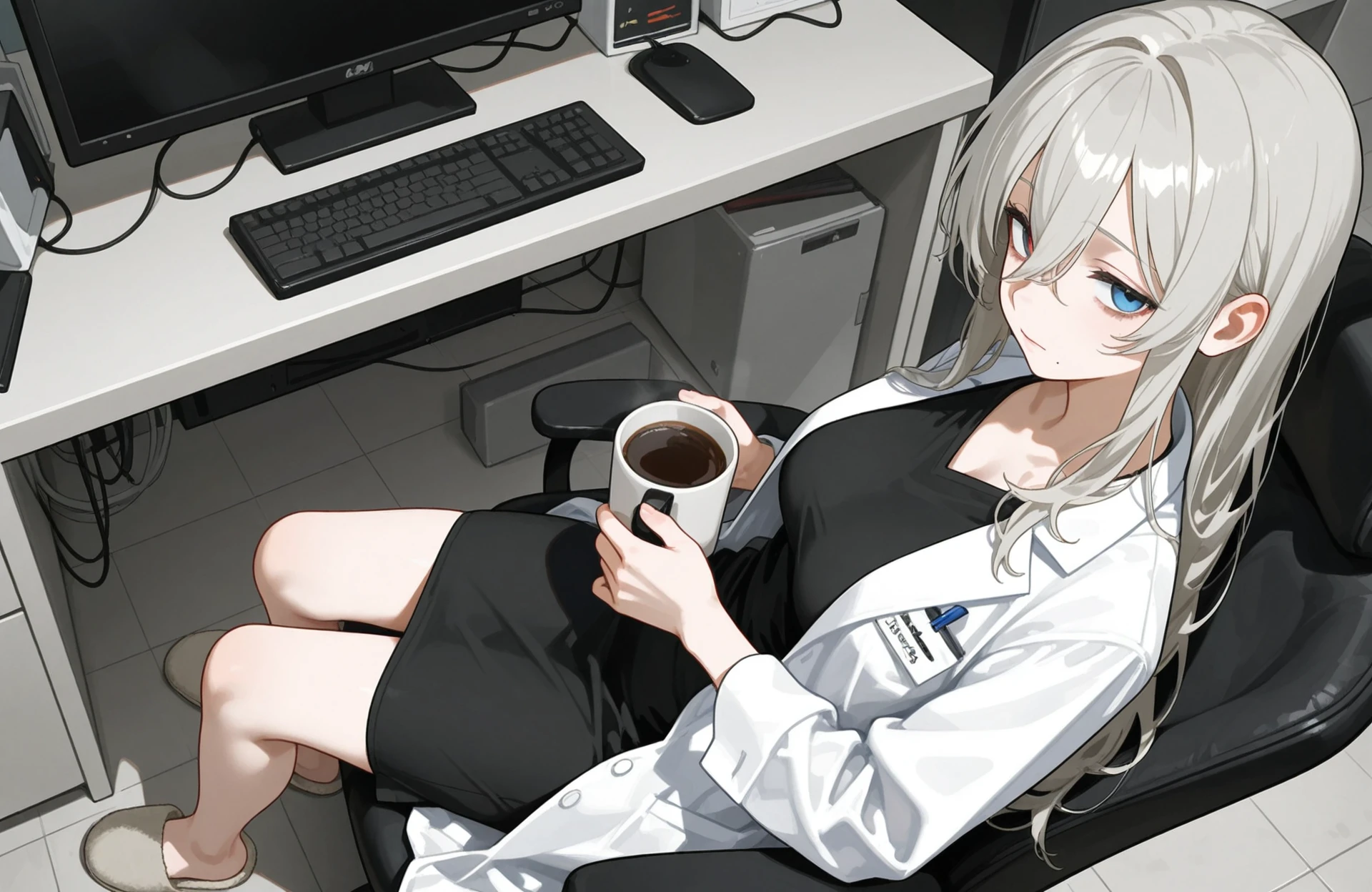 White hair,Long hair, Draped hair, no ponytail girls, White lab coat, Coat, A cup, head-up to the camera, Facing the camera, In a dark room，The girl sat in a black office chair, with her hands folded on her chest, Exposed legs wearing black stockings, With a serious expression, Black leggings with her left foot on her right foot，There is a bunch of flashing displays behind the girl，The display is on a black desk，