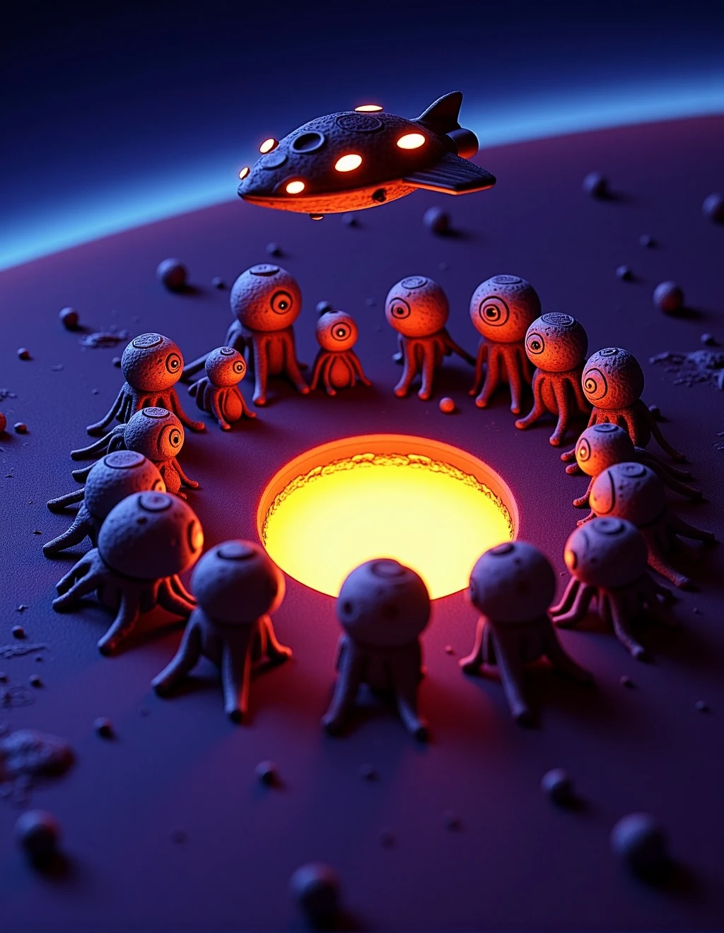 <lora:ClayAnimationStyle:1>Clay Animation Style, On a distant planet, alien creatures with multiple eyes and tentacles gather around a glowing crater. Their vibrant colors contrast against the dark surface, and a spaceship hovers above, its lights pulsating rhythmically.