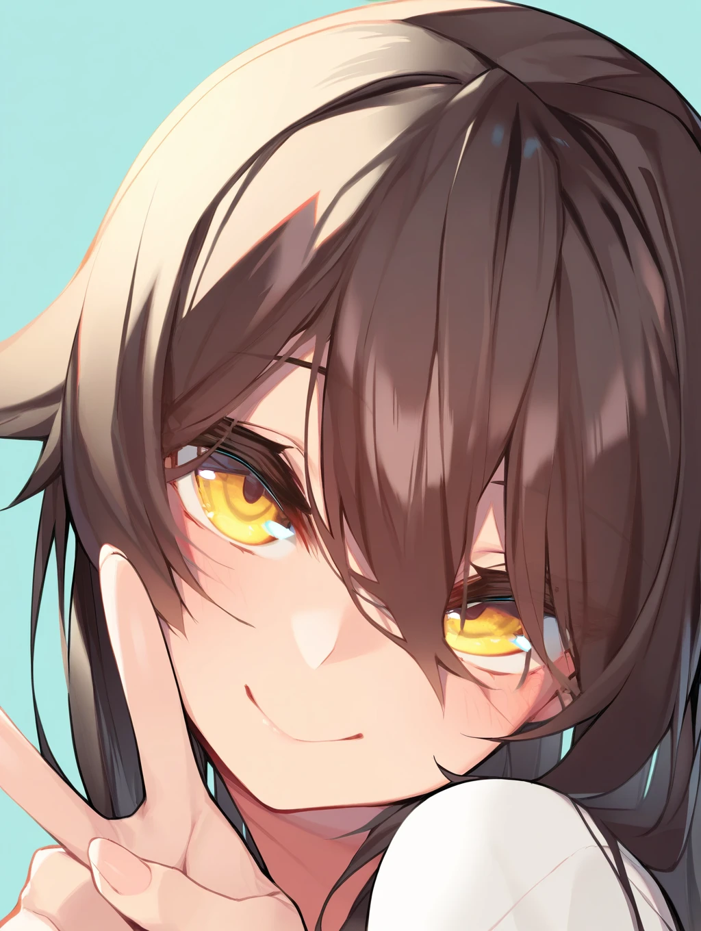 hi res, masterpiece, best quality, highres, v, yellow eyes, smile, long hair, looking at viewer, 1girl, hair between eyes, simple background, closed mouth, portrait, cartoon, shiny skin, shiny