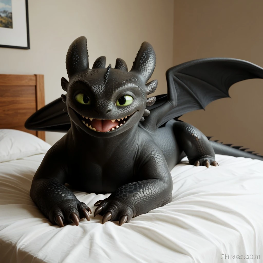 score_9, score_8_up, score_7_up, score_6_up, score_5_up, score_4_up, masterpiece, high quality, realistic, detailed, best quality, white bed, solo, rating_safe, source_furry, bedroom, smiling, open mouth smile, lying on belly, looking at viewer, on bed, toothless_httyd, dragon, night_fury, black scales, wings, tail, claws, male, 1boy, green sclera, black pupils, feral