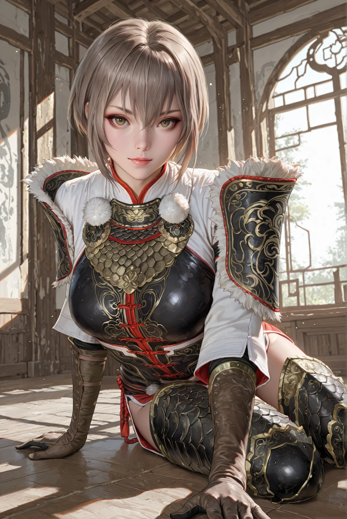 masterpiece, best quality, amazing quality, absurdres, looking at viewer, indoors, <lora:Lu_Lingqi_Dynasty_Warriors_IL:0.7> lingqi, solo, 1girl, short hair, gloves, armor, Leaning forward with hands on the hips masterpiece, best quality, amazing quality, absurdres, looking at viewer, indoors, <lora:Lu_Lingqi_Dynasty_Warriors_IL:0.7> lingqi, solo, 1girl, short hair, gloves, armor, Sitting with one hand running through the hair