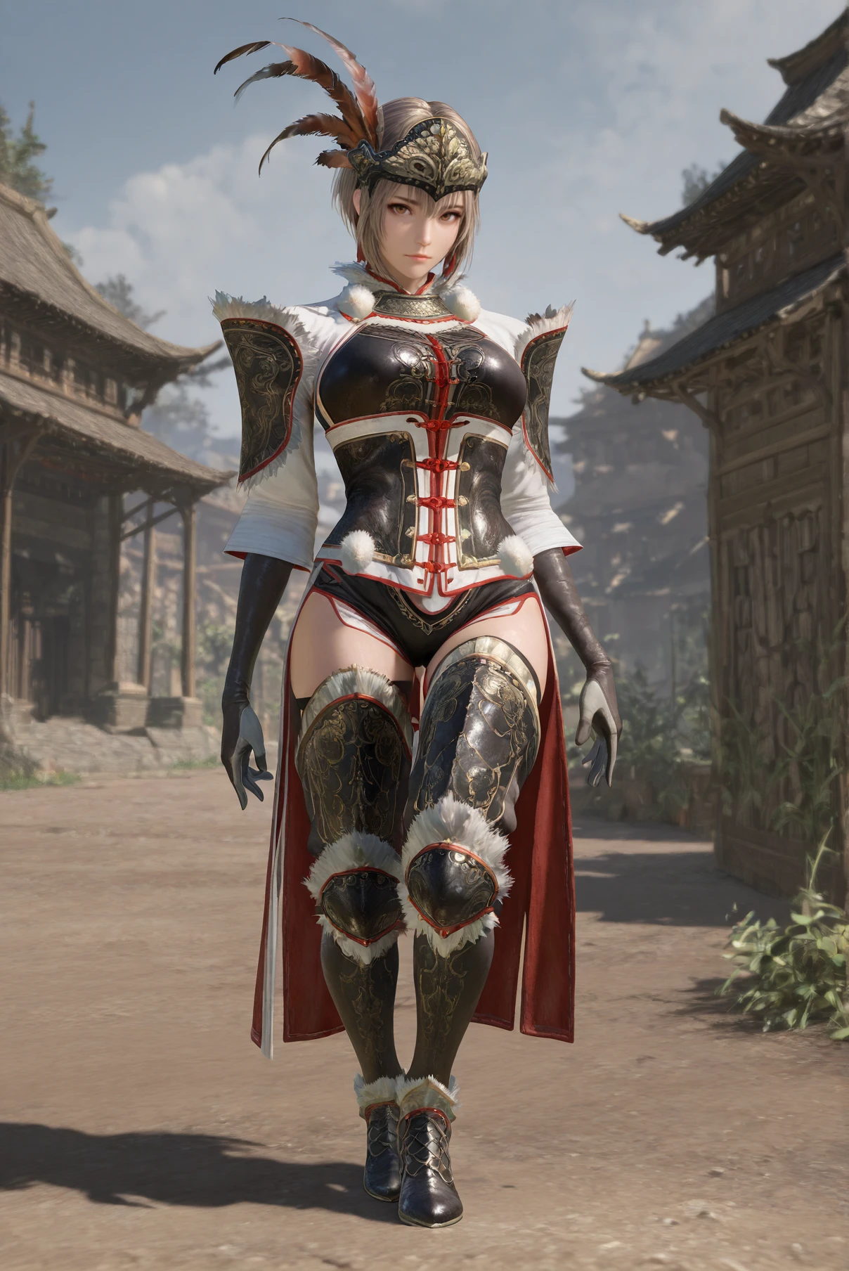 masterpiece, best quality, amazing quality, very aesthetic, absurdres, realistic, looking at viewer <lora:Lu_Lingqi_Dynasty_Warriors_IL:0.8> lingqi, solo, 1girl, short hair, gloves, armor, feathers, thighhighs, helmet, Standing with one leg bent