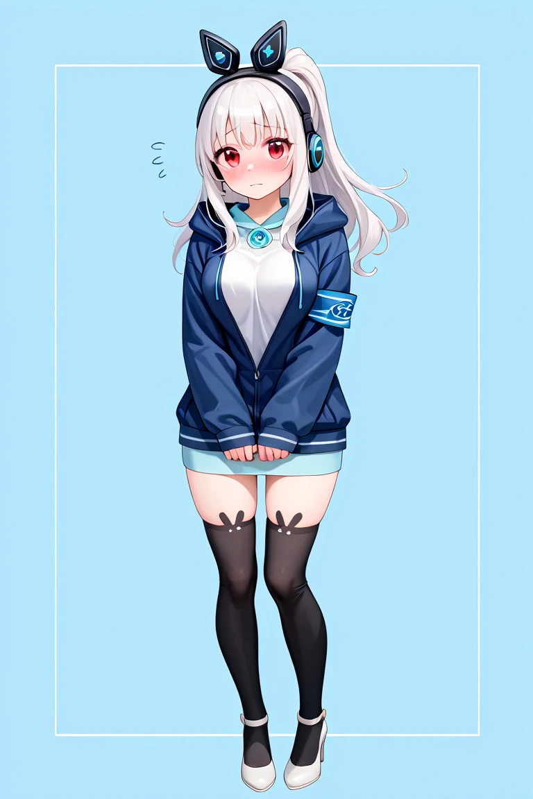 <lora:KRTGirlsNana:1>, 1girl, solo, full shot, standing, embarrassed, shy, nervous, lovely, looking at viewer, simple water background, blush, long hair, red eyes, ponytail, white hair, medium breast, jacket, hood, animal ear headphones, blue jacket, hood down, shirt, long sleeves, armband, thighhighs, black animal ear legwear, skirt, white heels