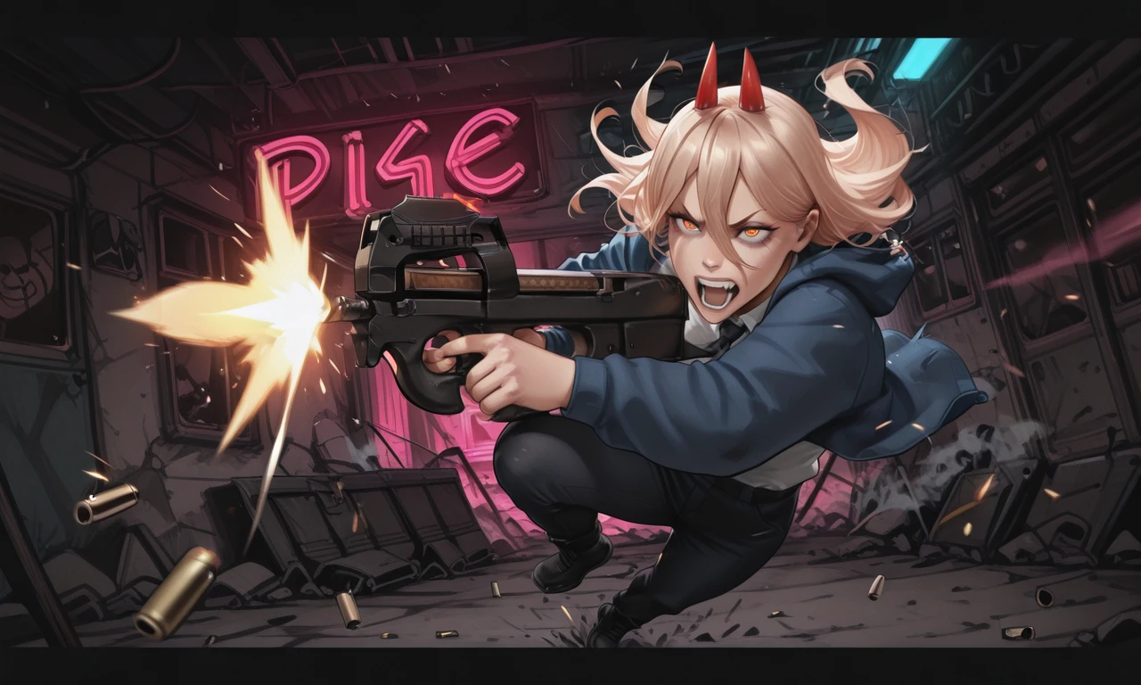 masterpiece, best quality, amazing quality, very aesthetic, absurdres, newest, wfus3, power_\(chainsaw man\), action_pose, dynamic_shot, submachine_gun, p90, muzzle_flash, bullet_casings, sparks, intense_expression, wild_eyes, neon_lighting, cyberpunk_aesthetic, battlefield, smoke, motion_blur, cinematic_composition, windblown_hair, midair, combat_ready<lora:p90.safetensors:1.0:1.0> <lora:Wfus3.safetensors:1:1>
