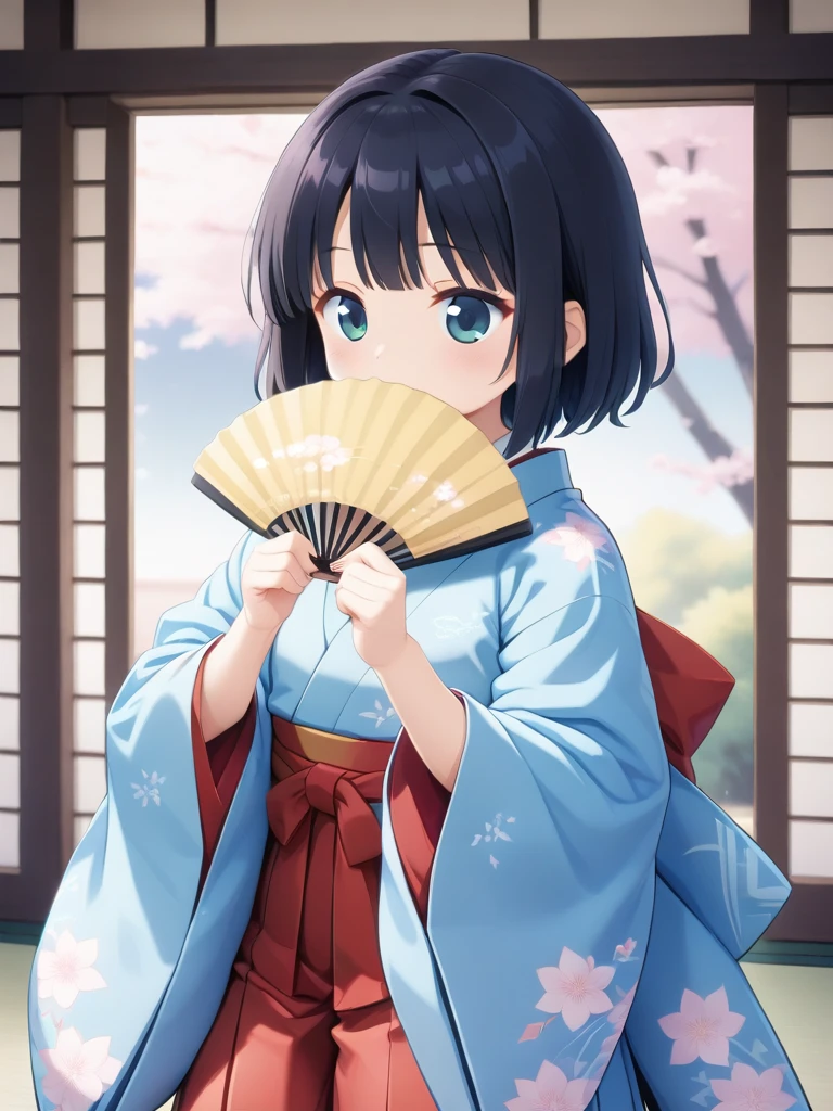<lora:åäºå風:0.7> juunihitoe, 12 layered clothes, layered haori, long wide hem behind, hakama, fan with hands on mouth, standing, upper body
