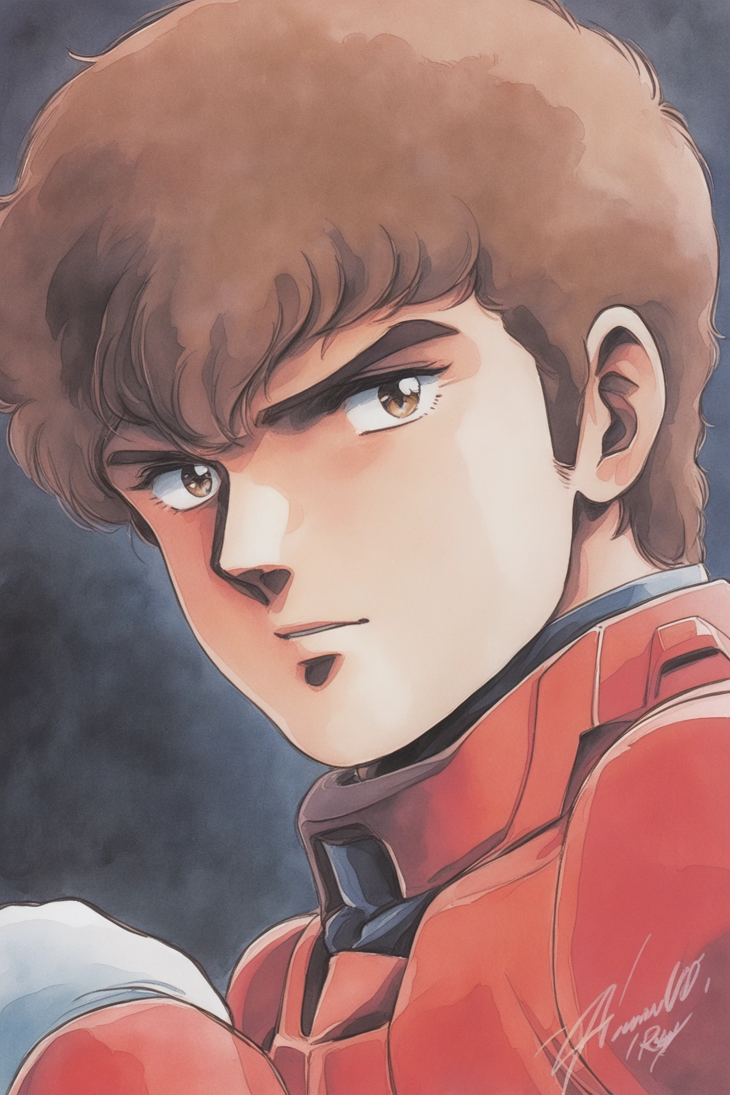 Amuro Ray,1boy,solo,brown hair,male focus,pilot suit,white gloves,brown eyes,signature,science fiction,retro artstyle,1980s (style),looking at viewer,traditional media,portrait,watercolor \(medium\),
<lora:Hiroyuki Kitazume _illustriousXL:0.8>,