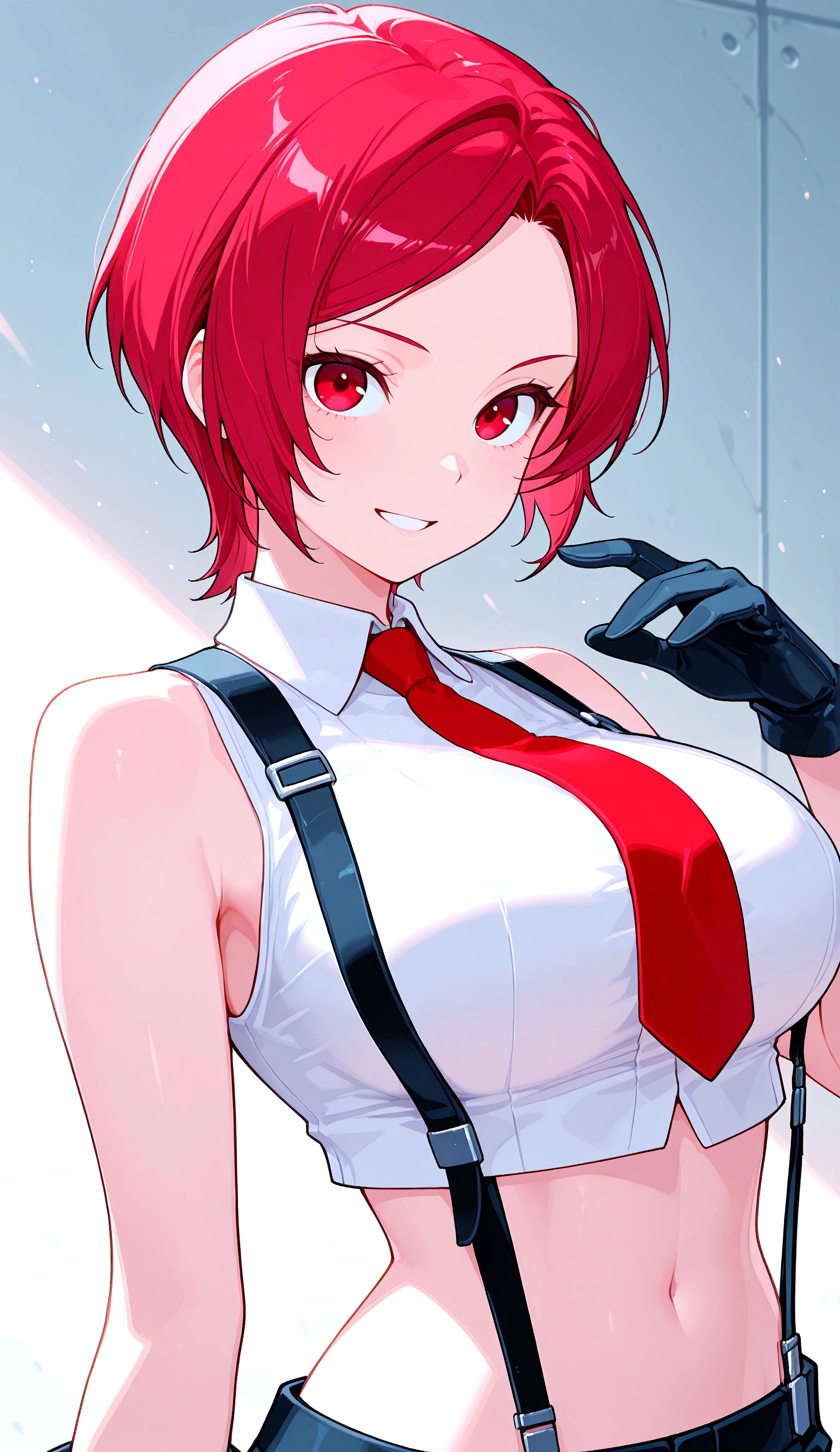 VanessaKoF, short_hair, red_eyes, black_gloves, red_necktie, bare_shoulders, navel, sleveless, midriff, pants, suspenders, cropped_top, white_shirt, breasts, portrait shot, smiling, soluting, looking at viewer