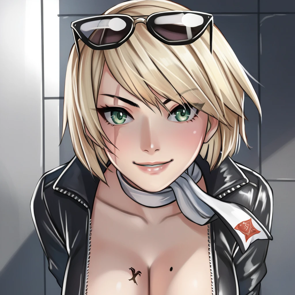 (masterpiece), best quality, expressive eyes, perfect face(masterpiece), best quality, expressive eyes, perfect face, a woman, 25 age, 80s style, short white hair, bronze skin, large breasts, big , brown leather jacket, amber eyes, aviator glasses, revealing bottom , shirtless, under , pink nipples, pantyhose, neon city background