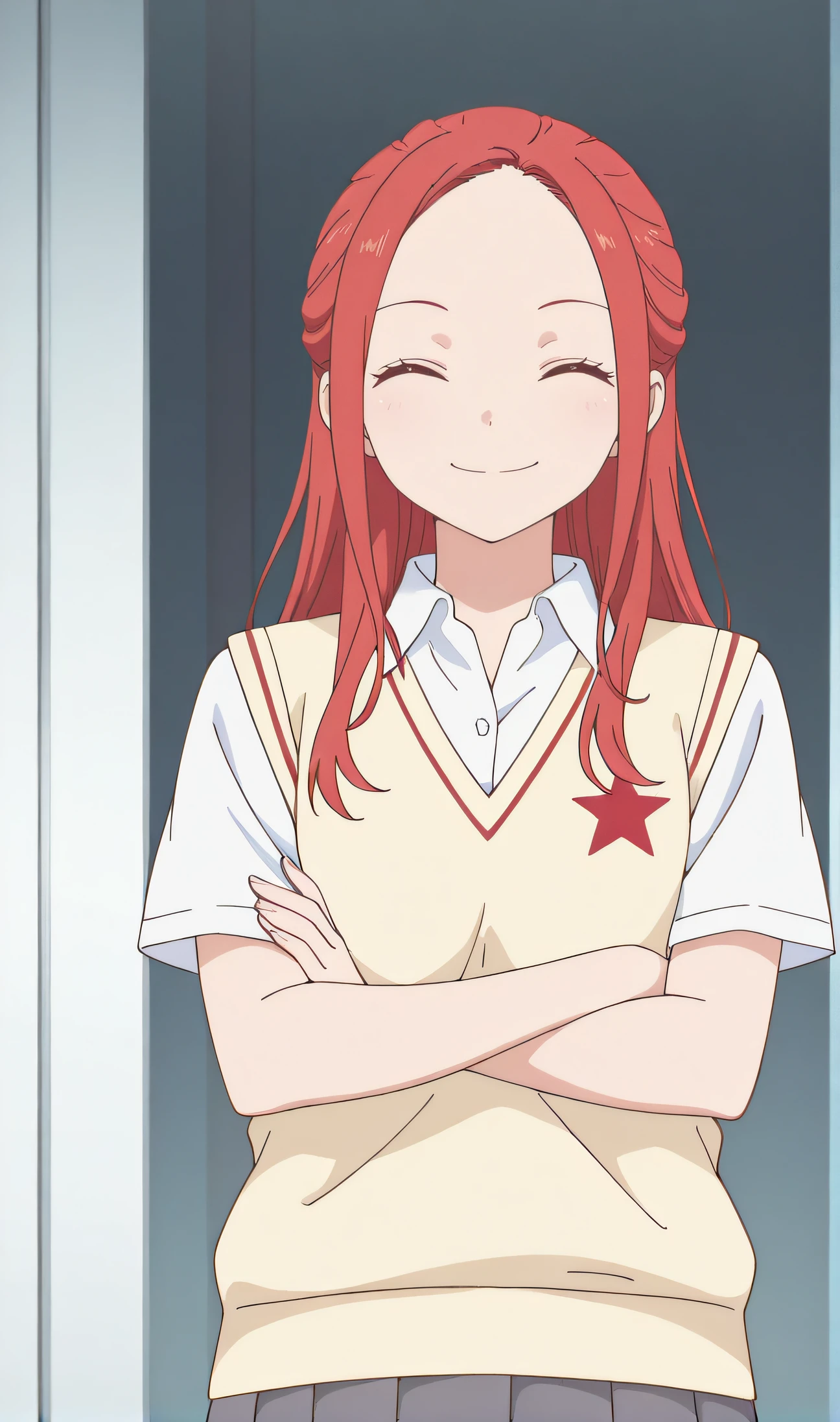 masterpiece, best quality, highres, newest, 1girl, solo, official style, <lora:anime_screencap-Illustrious:1>, anime screencap, <lora:Koizumi_Risa:1>, risa, red hair, closed eyes, long hair, forehead, sidelocks, white collared shirt, short sleeves, red star (symbol), sweater vest, grey pleated skirt, looking at viewer, indoor, crossed arms, smile, five fingers
