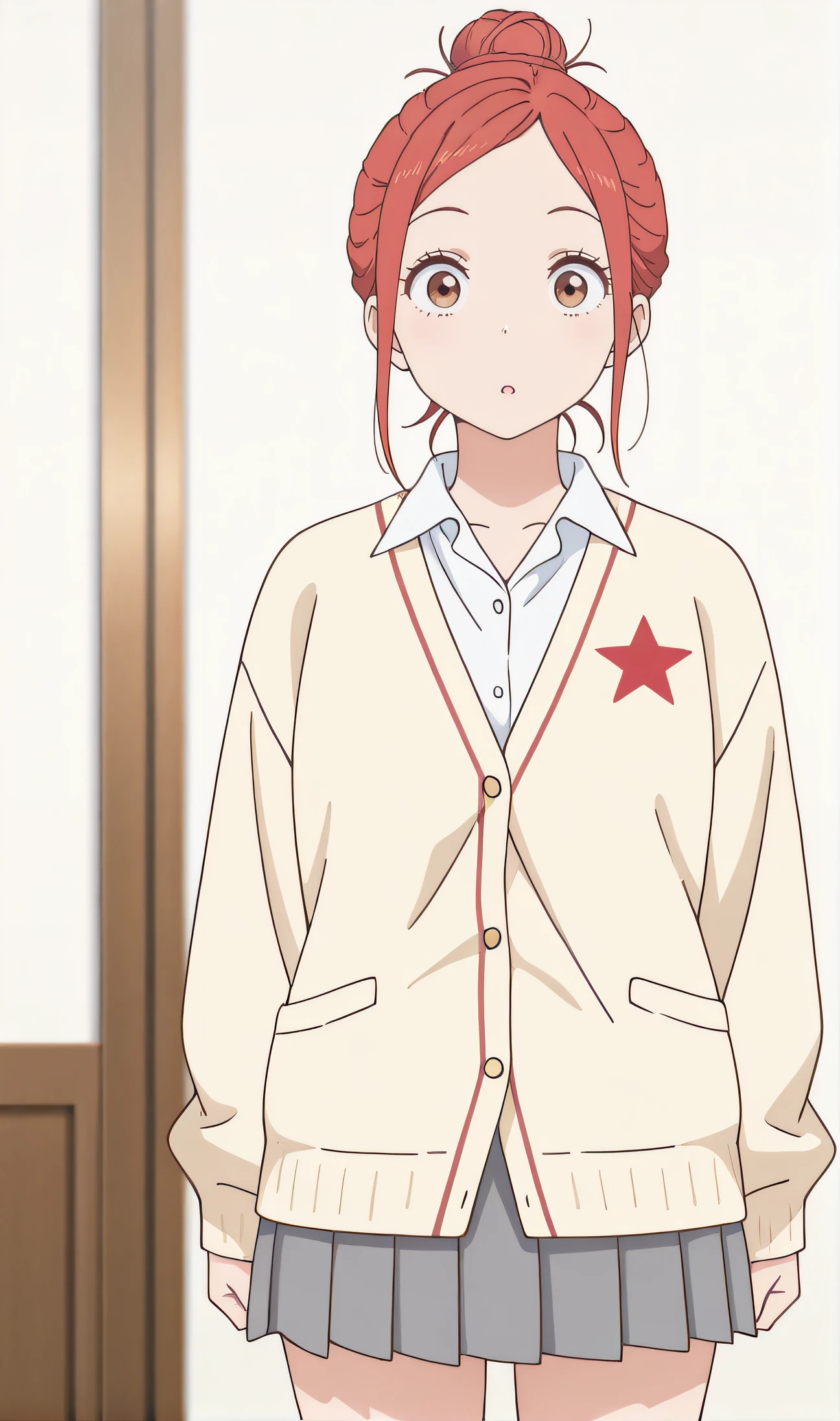 masterpiece, best quality, highres, newest, 1girl, solo, official style, <lora:anime_screencap-Illustrious:1>, anime screencap, <lora:Koizumi_Risa:1>, risa, red hair, brown eyes, short hair, single hair bun, white collared shirt, red star (symbol), cardigan, grey pleated skirt, looking at viewer, indoor, cowboy shot, frontal view, surprised