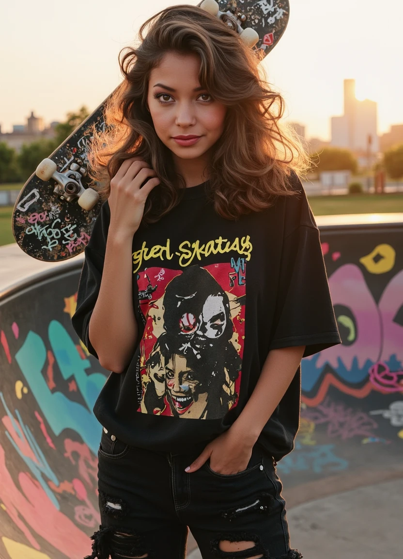 SFW, brightly lit, big 80s hair, aidmaimageupgrader, A hyperrealistic, close up portrait of a badass skater girl standing confidently on a graffiti-covered skatepark ramp, holding her skateboard over one shoulder. She wears a loose oversized band tee, ripped black jeans, her grip tape-scratched skateboard covered in stickers and scuffs. Her hair is messy, casually tousled, a few strands falling over her intense gaze, as she smirks slightly at the camera. The warm golden light of the late afternoon sun casts long shadows, while the faint blur of other skaters in motion creates an energetic urban backdrop. Extreme realism in facial details, rich textures in clothing and skate gear, dynamic composition with cinematic lighting<lora:pony\Letha_Weapons_Pony_-_Adult_Actress_and_Model.safetensors:1.0:1.0> <lora:flux\custom\celebrity\appolonia-kotero.safetensors:1.0:1.0> <lora:turbo-8-step-flux.safetensors:0.5:0.5> <lora:flux\style\Common\aidmaImageUprader-FLUX-v0.3.safetensors:0.25:0.25>