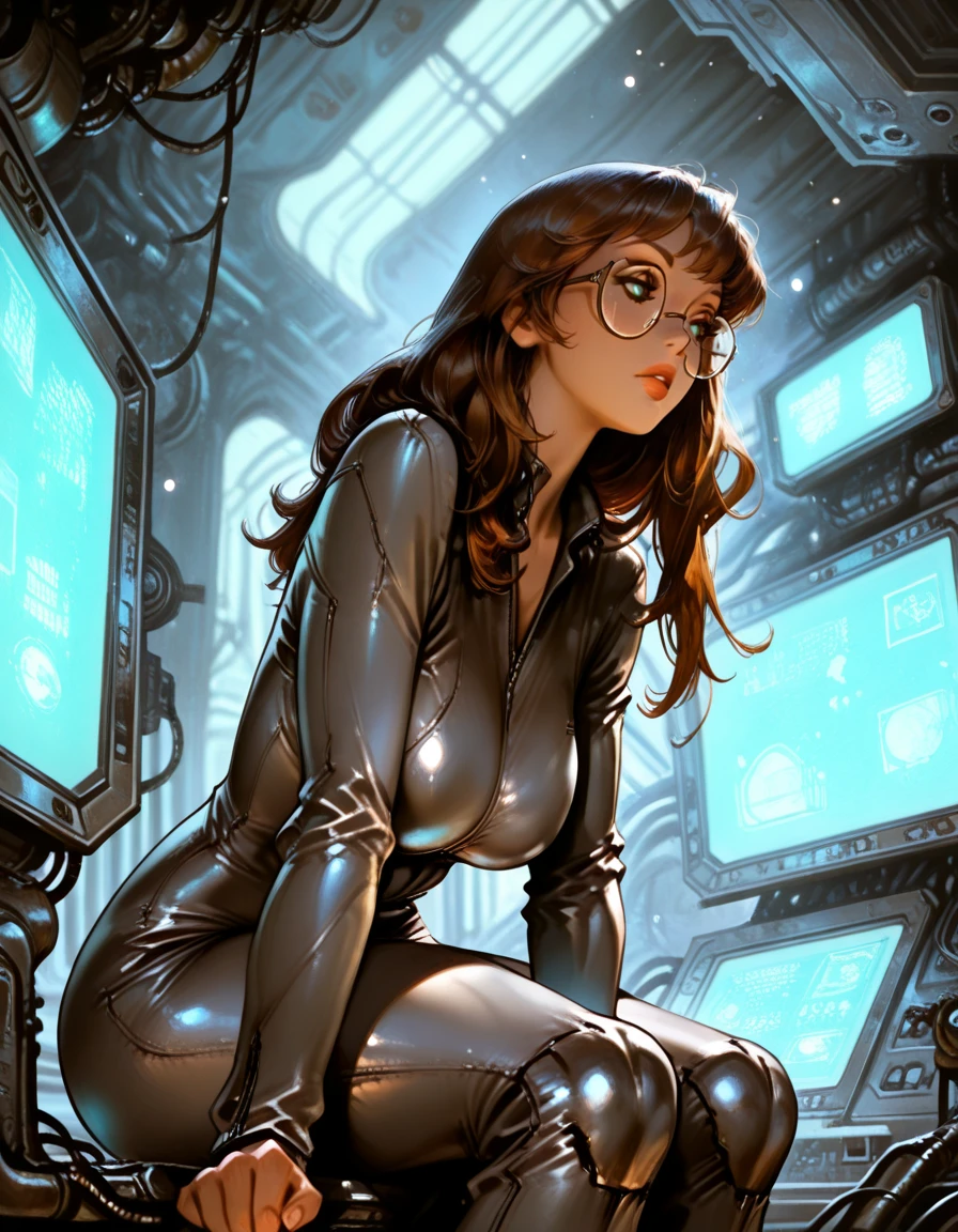 masterpiece, best quality, 1girl, solo, absurdres,
large breasts,
theadg,
brown hair, long hair, glasses,
sitting, at computer, robot, leaning forward,
from below,
spacecraft interior, monitor, repairing,
science fiction, neon lights,
glowing, light particles,
blurry background,
embedding:SmoothQuality,