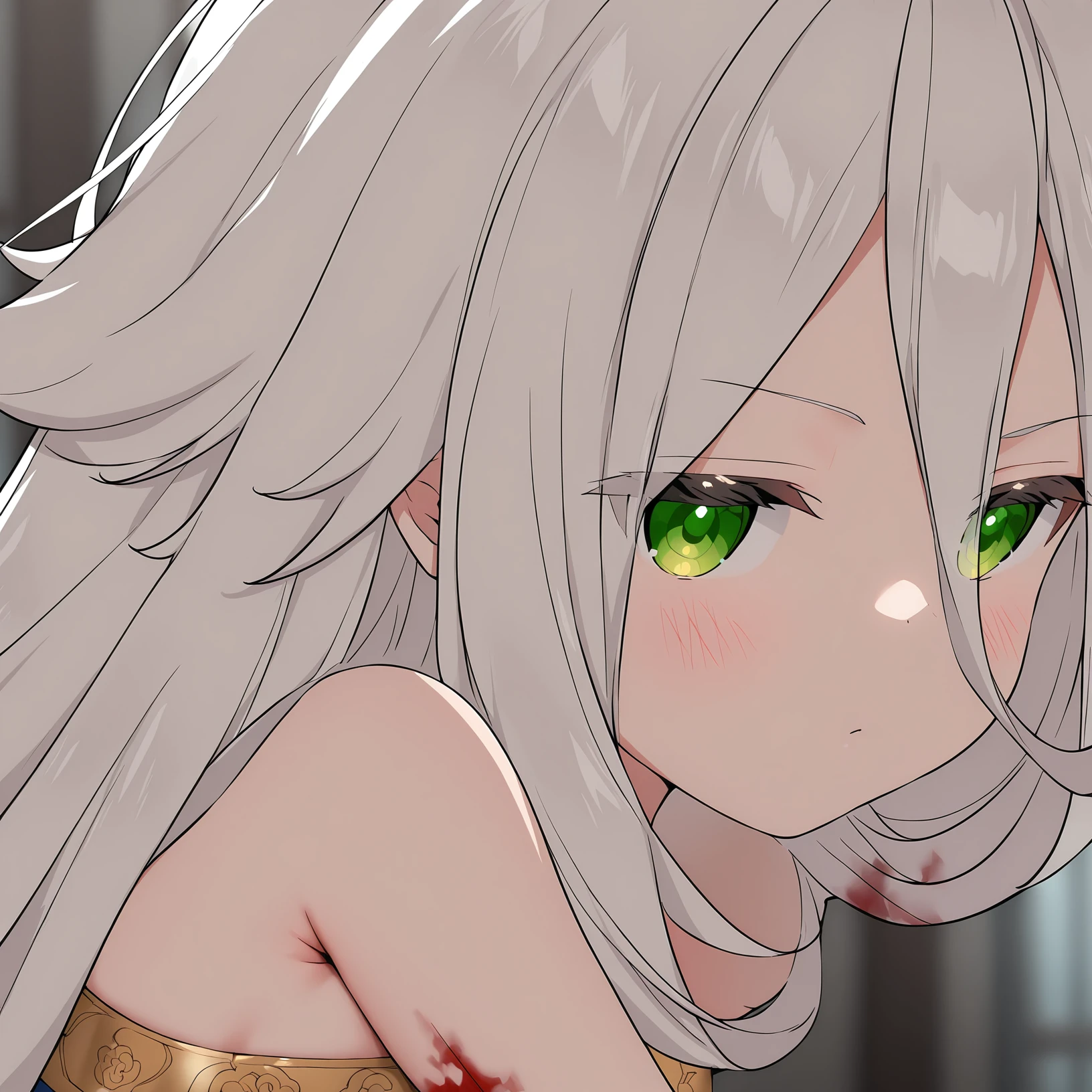 masterpiece,best quality,newest,absurdres,highres,<lora:noobai_ep11_stabilizer_v0.138_fp16:1>,<lora:Murong_Yuzhuo :1>,murong_yuzhuo,green eyes,white hair,zombie_pose,