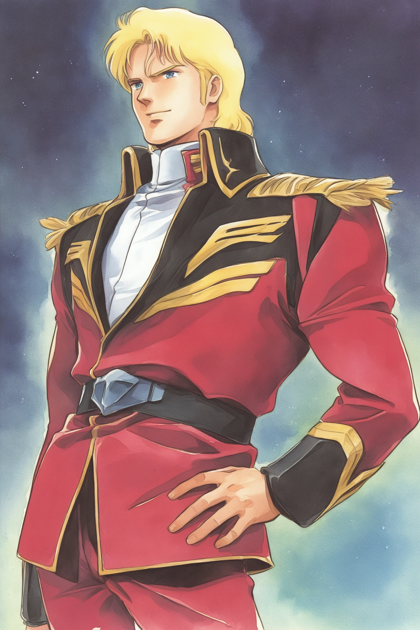 Char Aznable,1boy,solo,male focus,blonde hair,red uniform,military,military uniform,blue eyes,belt,epaulettes,watercolor (medium),
<lora:Hiroyuki Kitazume _illustriousXL:0.8>,