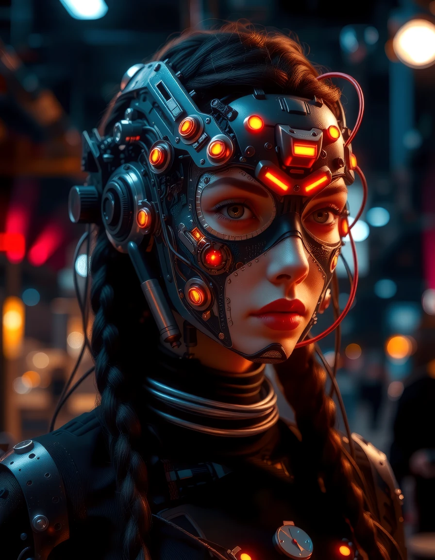 Create a detailed and realistic illustration of a futuristic, cybernetic woman with a strong, mechanical appearance. Her face is adorned with intricate metal and cybernetic components, including glowing orange lights and mechanical bolts. Her hair is long and braided, with strands of metal and wires visible. The background should be a dark, industrial setting with blurred lights and structures, giving a sense of a futuristic, sci-fi environment. The overall style should be dark and dramatic, with a focus on the intricate details of the cybernetic components.  style of H. R. Giger, <lora:artist/style_of_H._R._Giger_FLUX_295-000006.safetensors:1.0>,    <lora:flux_trainer/moxiePunk_v3S>