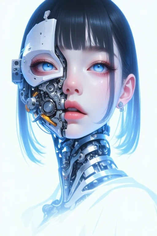 The image is a digital drawing in a highly stylized, hyper-realistic anime-inspired art style. The subject is a young woman with an ethereal, futuristic aesthetic. She has a pale, almost translucent skin tone, and her face is a striking combination of human and mechanical elements. Her eyes are large, expressive, and almond-shaped, with a hint of blue irises.