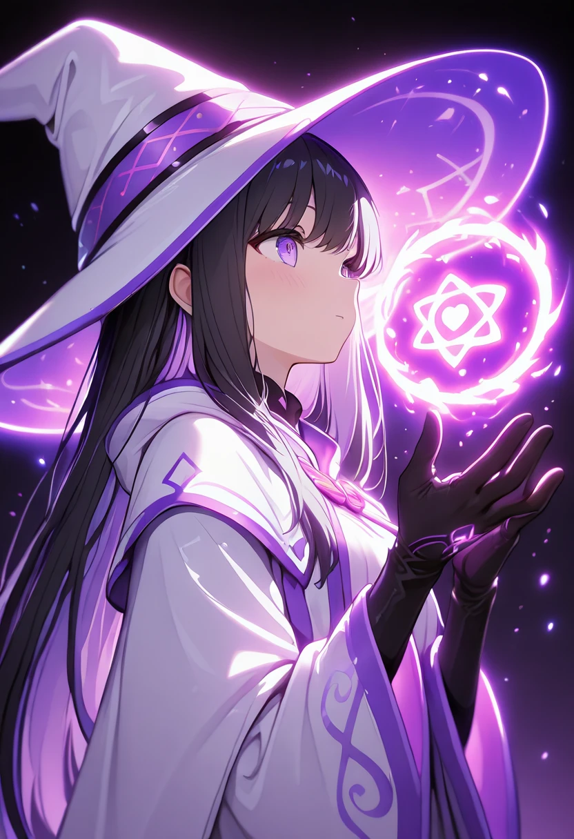 Masterpiece (quality), 1girl, black hair, purple eyes, black magical robe with purple details, purple magic wings, holding up her hand to cast spell bind where there is a glowing star symbol on it. magical tavern in background