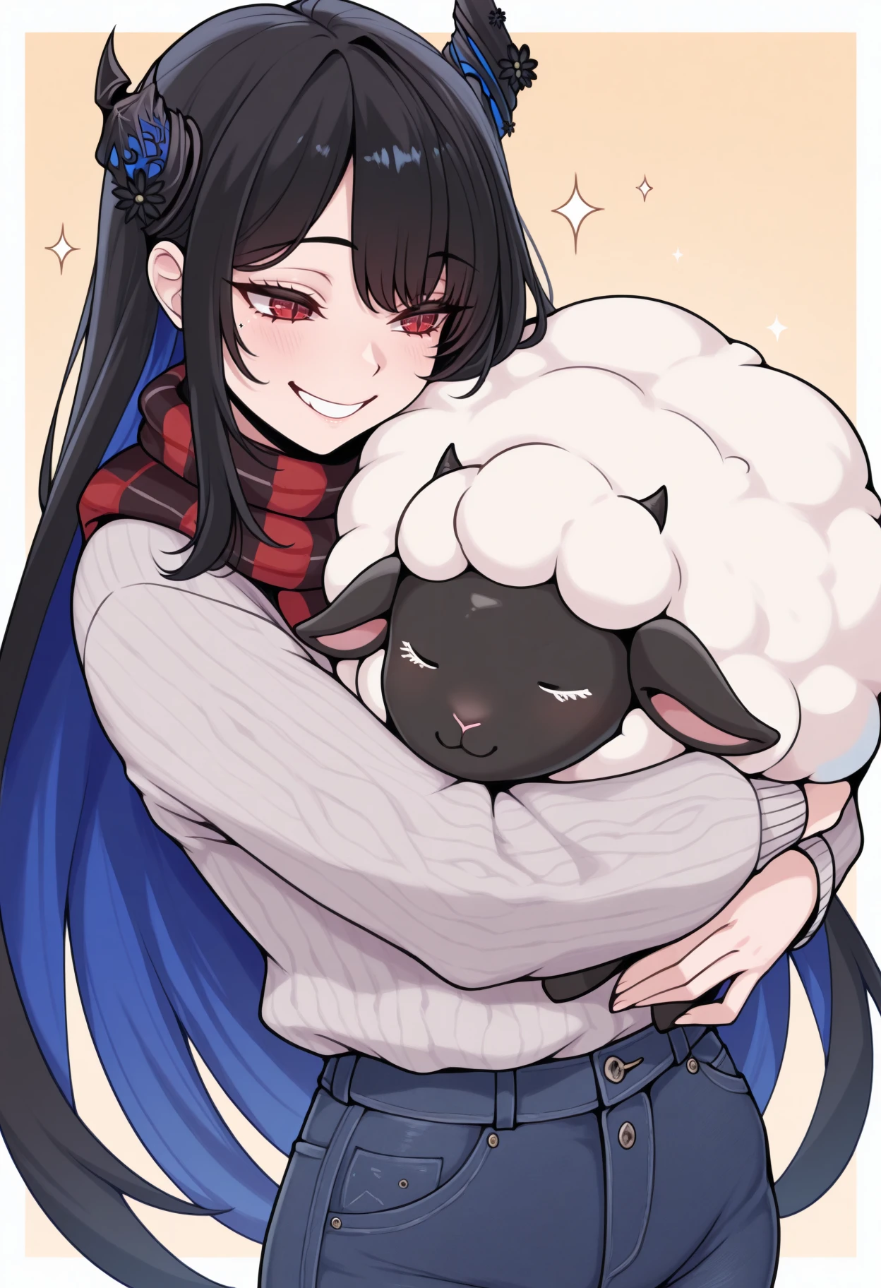 masterpiece, best quality, 1girl, solo, Ner1ssaR, colored inner hair, black hair, blue hair, red eyes, slit pupils, uneven horns, long hair, scarf, sweater, jeans, sparkles, big smile, wholesome, hugging, hug, hugging sheep, sheep, <lora:ChamNerissaRavencroftIllustriousXL:1>