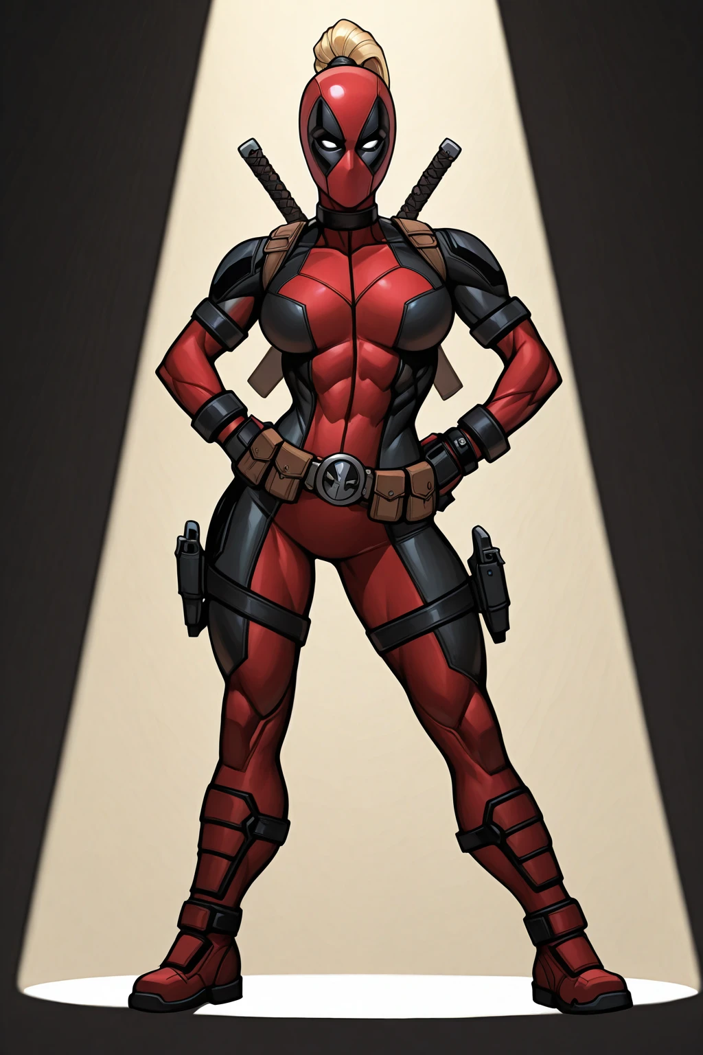 masterpiece, good quality, best quality, very awa, very as2, absurdres, highres,
<lora:Lady DeadpoolilluLoRA:1>ldypol, very long hair, ponytail, blonde hair, helmet, mask, no mouth, high collar, choker, bodysuit, shoulder holster, armlet, bracelet, gloves, belt, utility belt, belt pouch, belt buckle, thigh strap, shin guards, shoes, katana on back, thigh holster, hands on hip, spotlight
<lora:RD_RN00 StylelluLYCO:1.2> rdrn