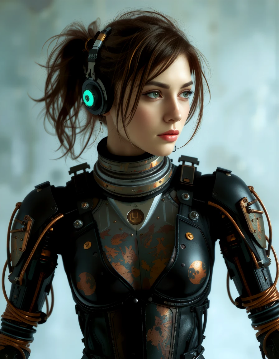 cyberpunk_edgerunners style, augmented allure, ai integration specialist android young irish woman, virtual black market trading hub, wearing tactical with stealth tech exoskeleton, Copper-wired cyborg arms with industrial look, exposed wiring, weathered copper patina style of  Maciej Kuciara,   <lora:flux_trainer/moxiePunk_v3S>
