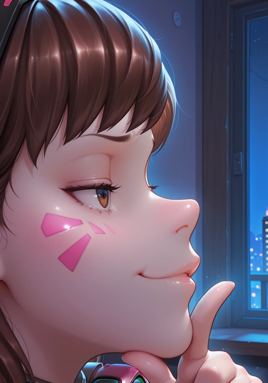 embedding:IllusP0s, wfus3, d.va_\(overwatch\), smug, rubbing chin, thinking, close-up, indoors, night, 1girl, solo,<lora:Wfus3.safetensors:1:1>