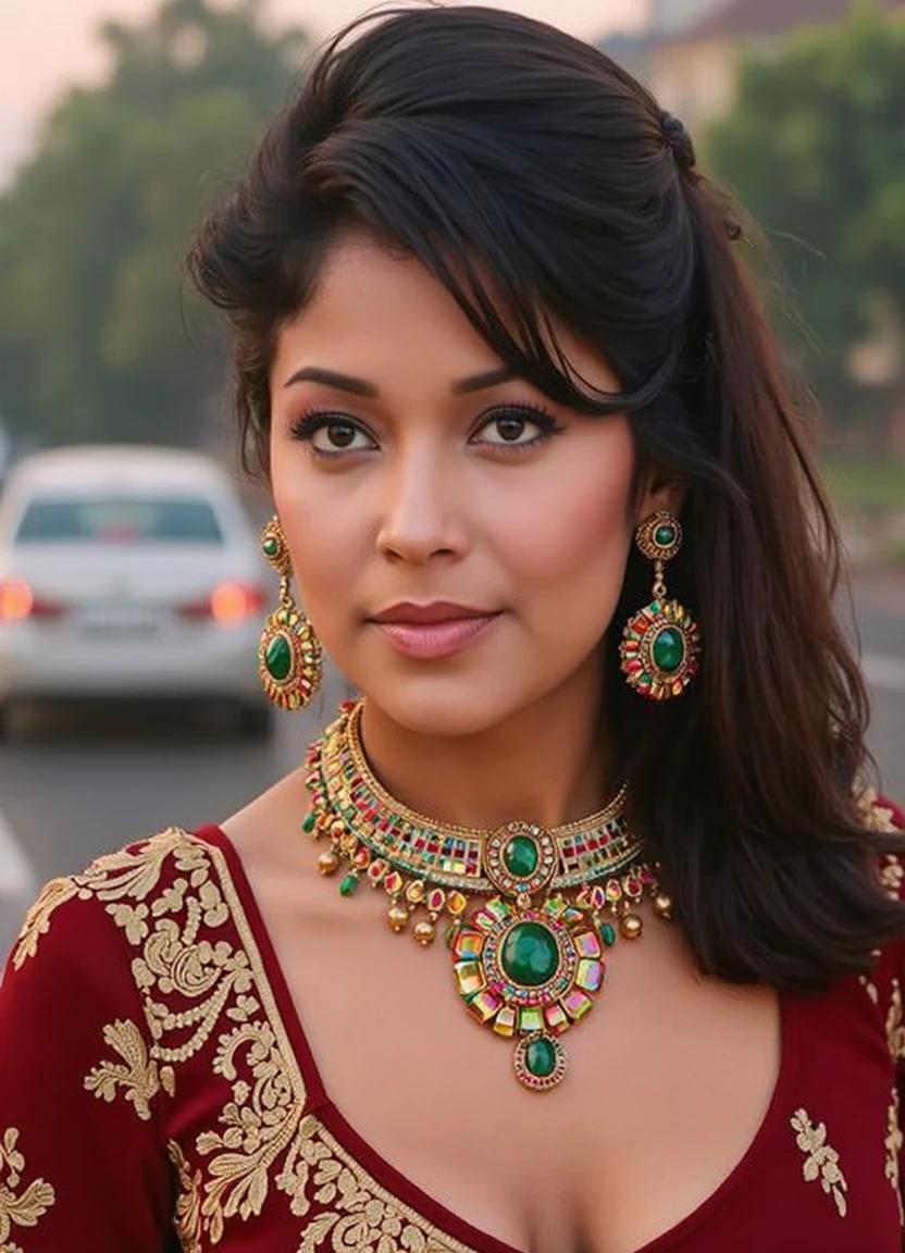 SFW, brightly lit, big 80s hair, aidmaimageupgrader, This is a high-resolution photograph of a woman,captured from a slightly elevated angle, focusing on her upper body and face. she has a medium brown skin tone and dark hair styled in a sleek ponytail. She has a serious expression, with her lips slightly parted and wearing subtle makeup that highlights her features. she is dressed in a traditional maroon and gold sari, with intricate patterns visible on the fabric. The sari is adorned with gold embellishments, and she wears a statement necklace featuring a large central pendant with colorful stones. Her earrings are also gold and adorned with green stones. The background is blurred, drawing attention to ShoAgh, and appears to be an outdoor setting with soft, natural lighting. The depth of field is shallow, keeping ShoAgh in sharp focus while the background remains out of focus. The image has a soft, natural lighting quality, likely taken during the day with natural sunlight. This photograph appears to be taken by a professional photographer, evident from the clarity, composition, and lighting. The photo captures a moment of poised elegance and is likely used for formal or professional purposes.<lora:pony\Letha_Weapons_Pony_-_Adult_Actress_and_Model.safetensors:1.0:1.0> <lora:flux\custom\celebrity\appolonia-kotero.safetensors:1.0:1.0> <lora:turbo-8-step-flux.safetensors:0.5:0.5> <lora:flux\style\Common\aidmaImageUprader-FLUX-v0.3.safetensors:0.25:0.25>