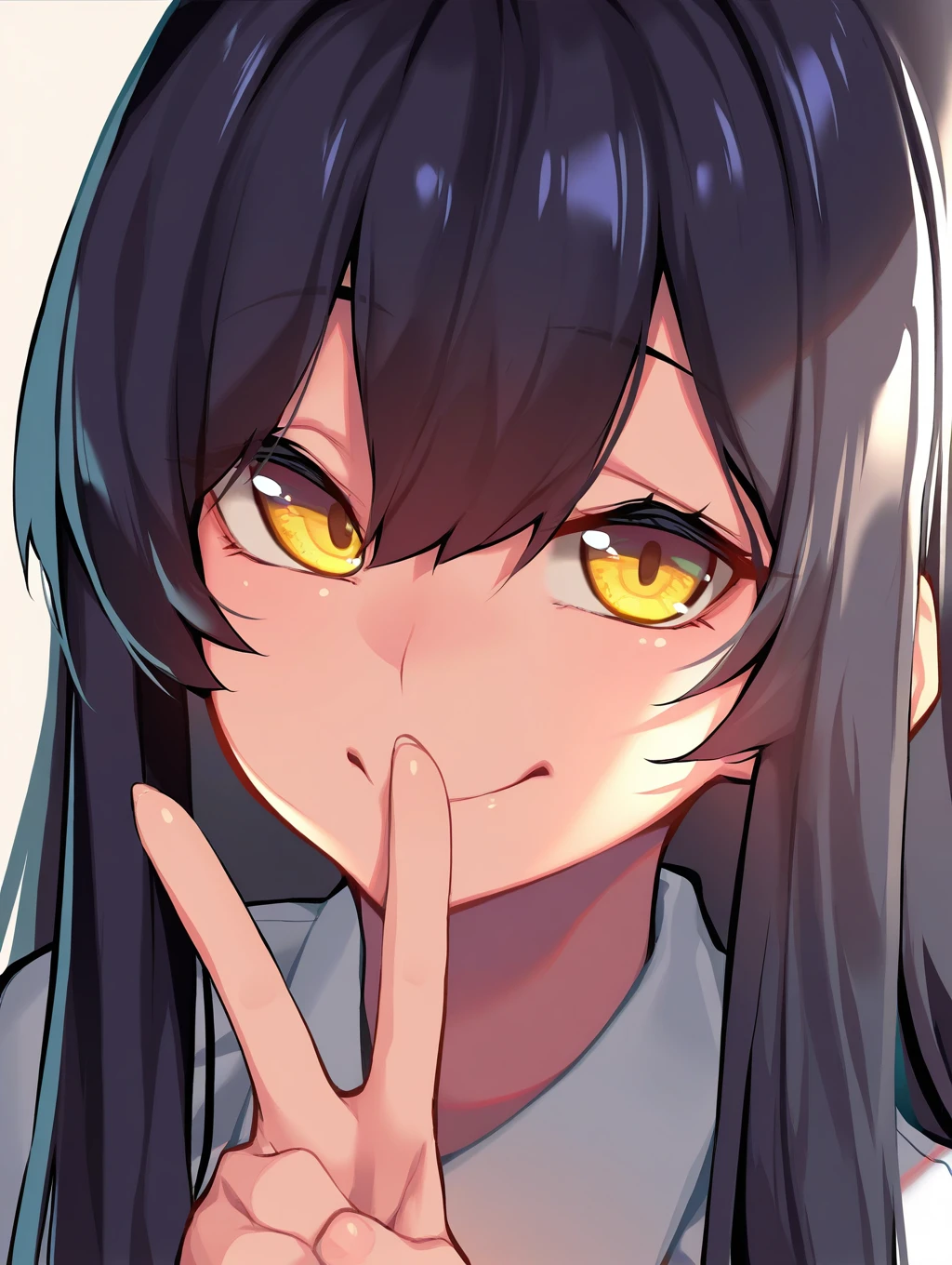 hi res, masterpiece, best quality, highres, v, yellow eyes, smile, long hair, looking at viewer, 1girl, hair between eyes, simple background, closed mouth, portrait, cartoon, shiny skin, shiny