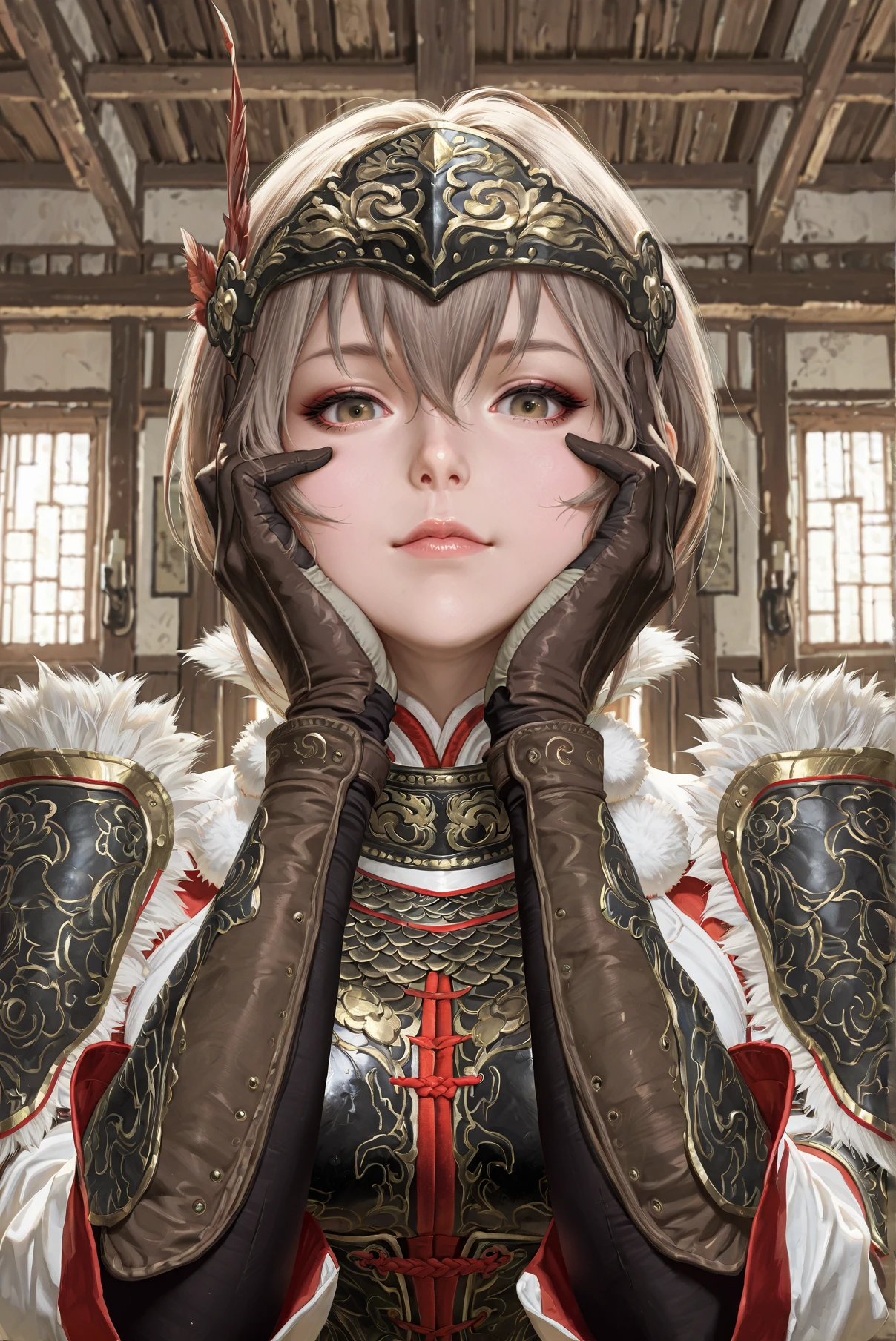 masterpiece, best quality, amazing quality, absurdres, looking at viewer, indoors, <lora:Lu_Lingqi_Dynasty_Warriors_IL:0.7> lingqi, solo, 1girl, short hair, gloves, armor, Leaning forward with hands on the hips masterpiece, best quality, amazing quality, absurdres, looking at viewer, indoors, <lora:Lu_Lingqi_Dynasty_Warriors_IL:0.7> lingqi, solo, 1girl, short hair, gloves, armor, Posing with hands on cheeks