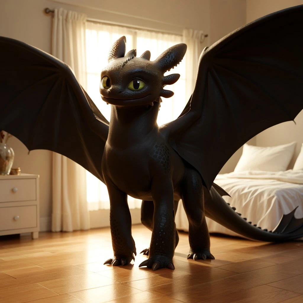 score_9, score_8_up, score_7_up, score_6_up, score_5_up, score_4_up, masterpiece, high quality, realistic, detailed, best quality, white bedroom, natural lighting, solo, rating_safe, source_furry, bedroom, smiling, standing, spread wings, looking at viewer, toothless_httyd, dragon, night_fury, black scales, wings, tail, claws, male, 1boy, green sclera, black pupils, feral