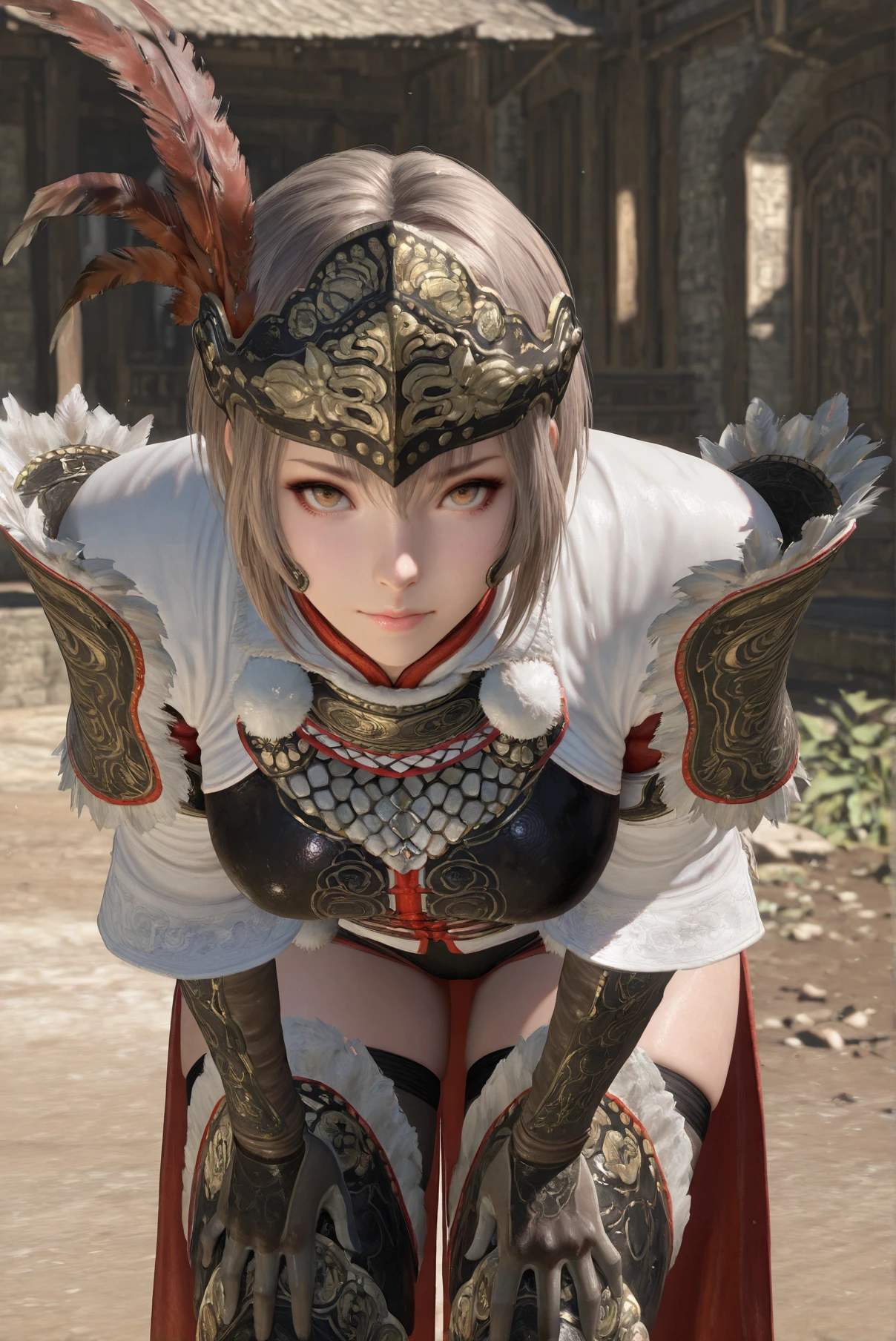 masterpiece, best quality, amazing quality, very aesthetic, absurdres, realistic, looking at viewer, <lora:Lu_Lingqi_Dynasty_Warriors_IL:0.8> lingqi, solo, 1girl, short hair, gloves, armor, feathers, thighhighs, helmet, Leaning forward with hands on thighs
