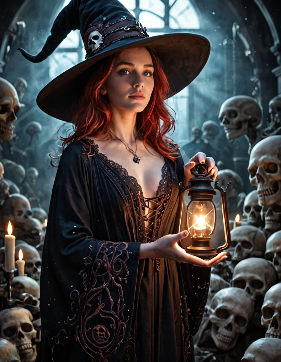 Stable_Yogis_PDXL_Positives
realistic, fantasy photograph, detailed cinematic lighting, expressive, dynamic, fantasy world, magical world, dark magic, black cauldrons, forbidden magic, skulls, spell casting, hkmagic, dark theme, magical elements, holding a black candle, holding a lantern formed like a skull, beautiful witch woman, intricate witch robe, lace tied dark clothes, wide brim witch hat, red hair, dark blue eyes, hands, good_hands, casting, perfecteyes, concept art, realistic