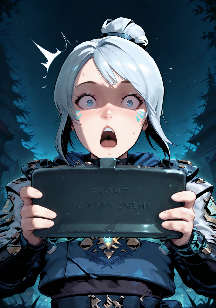 embedding:IllusP0s, wfus3, surprised, claymore_\(mine\), front toward enemy, text, holding, , jett_\(valorant\), 1girl, solo, outdoors, night,<lora:claymore_mine.safetensors:1.0:1.0> <lora:Wfus3.safetensors:1:1>