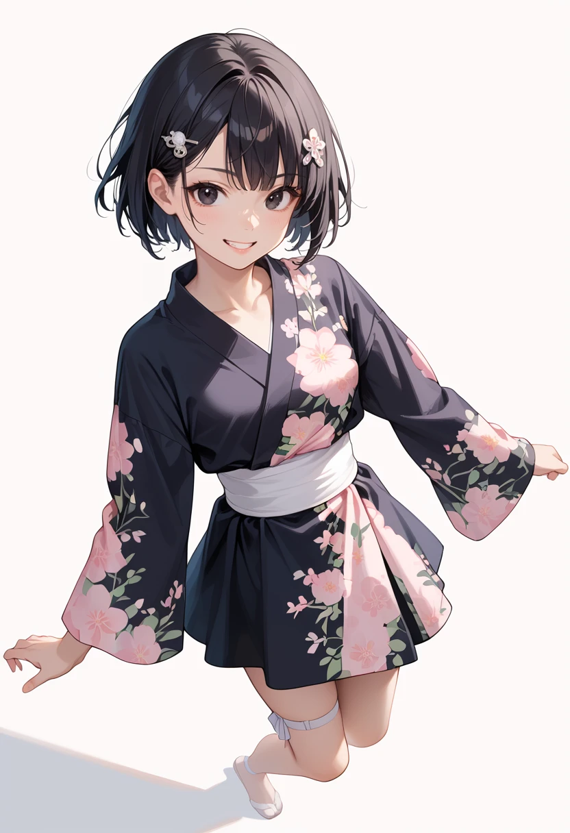 score_9, score_8_up, score_7_up,source_anime, best quality, amazing quality, simple background,((outlined outlined vector graphics)), simple background, white background,
1girl, 20yo, black hair, black eyes, short bob hair, hair pin,mdeium breast, slender,(white thigh strap:1.1),
solo, female focus , from above , looking at viewer ,looking at viewer ,smile, grin, cute face ,kimono dress , kimono-dress, skirt, standing , , action pose , , black clothes, floral patterned dress <lora:kimono-dress-pony-01:0.8>