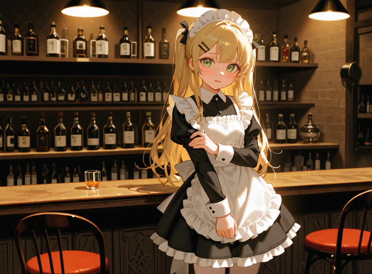 1girl, two side up, hair ribbon, hairclip, solo, maid, maid headdress, maid apron, embarrassed, pantyhose, open mouth, blush, parted lips, looking at viewer, cowboy shot, bar \(place\), indoors, depth of field , ciloranko, alphonse \(white datura\), ask \(askzy\), gomzi,
masterpiece, best quality, amazing quality, very aesthetic, absurdres, newest, (scenery, volumetric lighting)
<lora:dmd2_sdxl_4step:1>