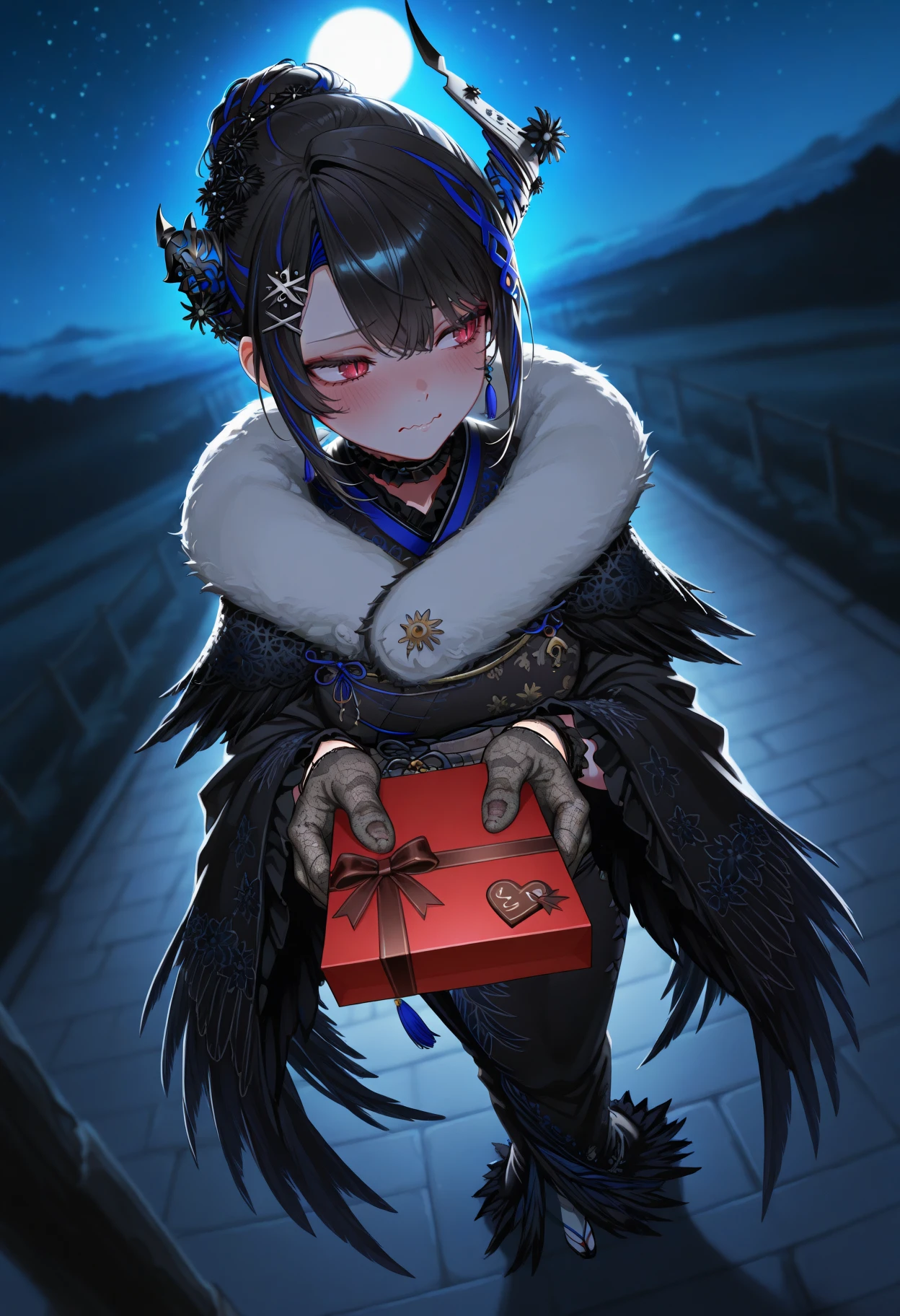 masterpiece, best quality, 1girl, solo, Ner1ssaNwYrs, streaked hair, black hair, blue hair, red eyes, slit pupils, uneven horns, hair bun, hair flowers, hairclip, tassel earrings, frilled choker, black kimono, feather-trimmed kimono, floral print, white fur scarf, black lace gloves, starry sky, night, dark theme, moonlight, high contrast, holding chocolate, valentine, reaching towards viewer, blush, averting eyes, holding gift, incoming gift, wavy mouth, outdoors, full body, dutch angle, <lora:ChamNerissaRavencroftIllustriousXL:1>