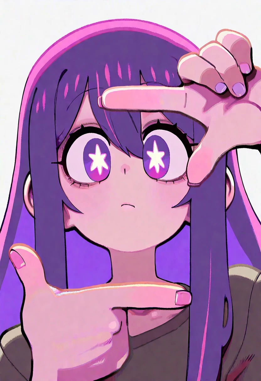 masterpiece, best quality, very aesthetic, high resolution, ultra-detailed, absurdres, newest, extremely detailed eyes, beautiful, perfect lighting, hi res, amazing quality, very awa, Brightly Lit, Highly Visible, 8k, sharp focus, beautiful, perfect lighting, volumetric lighting, scenery, painting_(artwork), CuteLag_ST, TOONCITY_ST, INKTA_ST, hoshino ai, 1girl, closed mouth, collarbone, finger frame, looking at viewer, multicolored hair, purple eyes, purple hair, sidelocks, solo, star-shaped pupils, star \(symbol\), streaked hair, symbol-shaped pupils, upper body