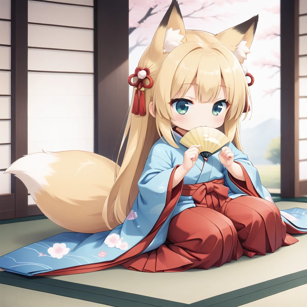 <lora:åäºå風:0.7> juunihitoe, 12 layered clothes, layered haori, long wide hem behind, hakama, fan with hands on mouth, sit, chibi fox girl, tail, blonde hair