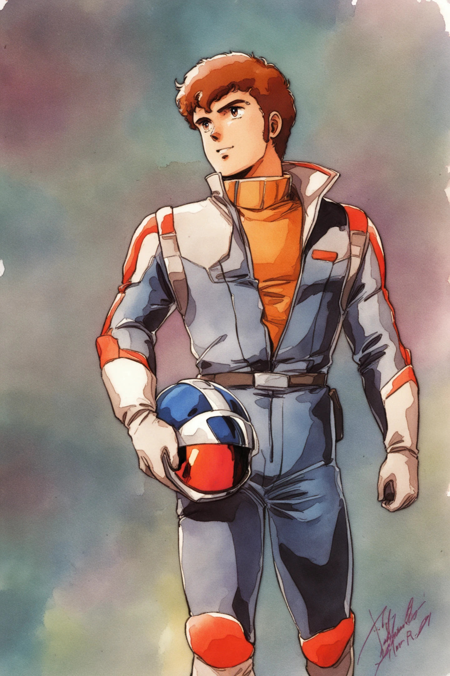 Amuro Ray,1boy,helmet,male focus,brown hair,solo,retro artstyle,spacesuit,signature,pilot suit,science fiction,helmet removed,walking,gloves,1980s (style),brown eyes,headwear removed,traditional media,watercolor \(medium\),
<lora:Hiroyuki Kitazume _illustriousXL:0.8>,