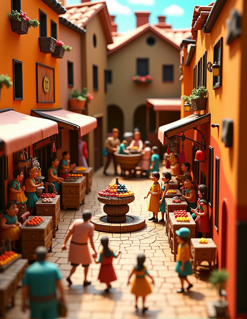 <lora:ClayAnimationStyle:1>Clay Animation Style, A bustling medieval marketplace with merchants selling vibrant fruits and fabrics, children playing near a fountain, and a horse-drawn cart rolling over cobblestone streets, all animated with meticulous stop-motion techniques.