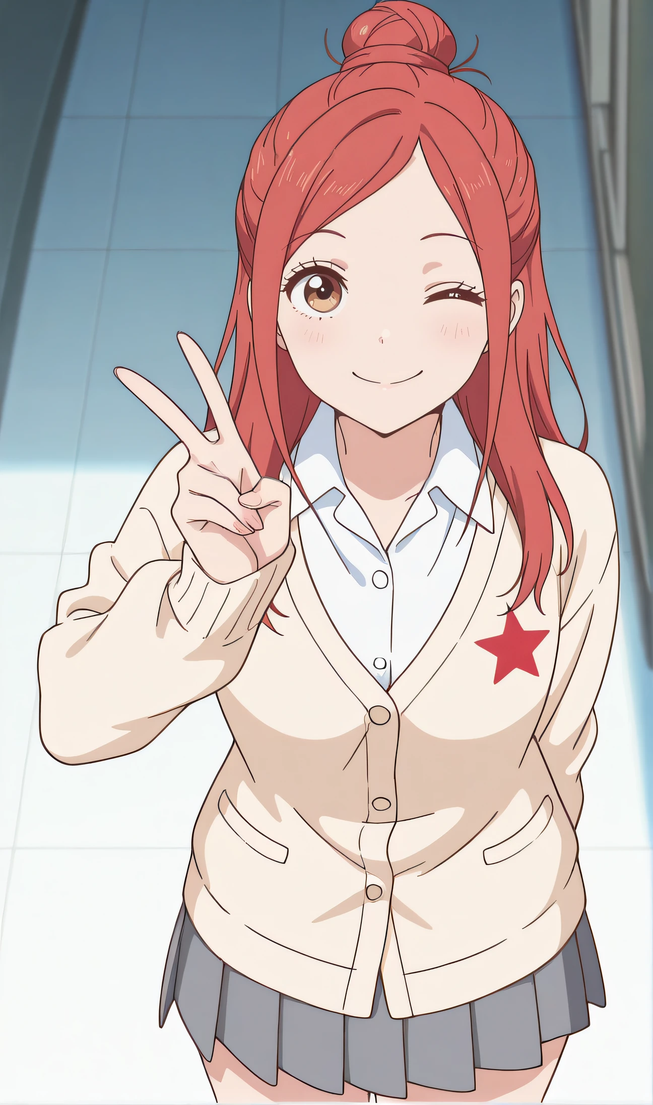 masterpiece, best quality, highres, newest, 1girl, solo, official style, <lora:anime_screencap-Illustrious:1>, anime screencap, <lora:Koizumi_Risa:1>, risa, red hair, brown eyes, single hair bun, long hair, white collared shirt, red star (symbol), cardigan, grey pleated skirt, looking at viewer, smile, indoor, cowboy shot, from above, selfie, one eye closed, peace sign, five fingers
