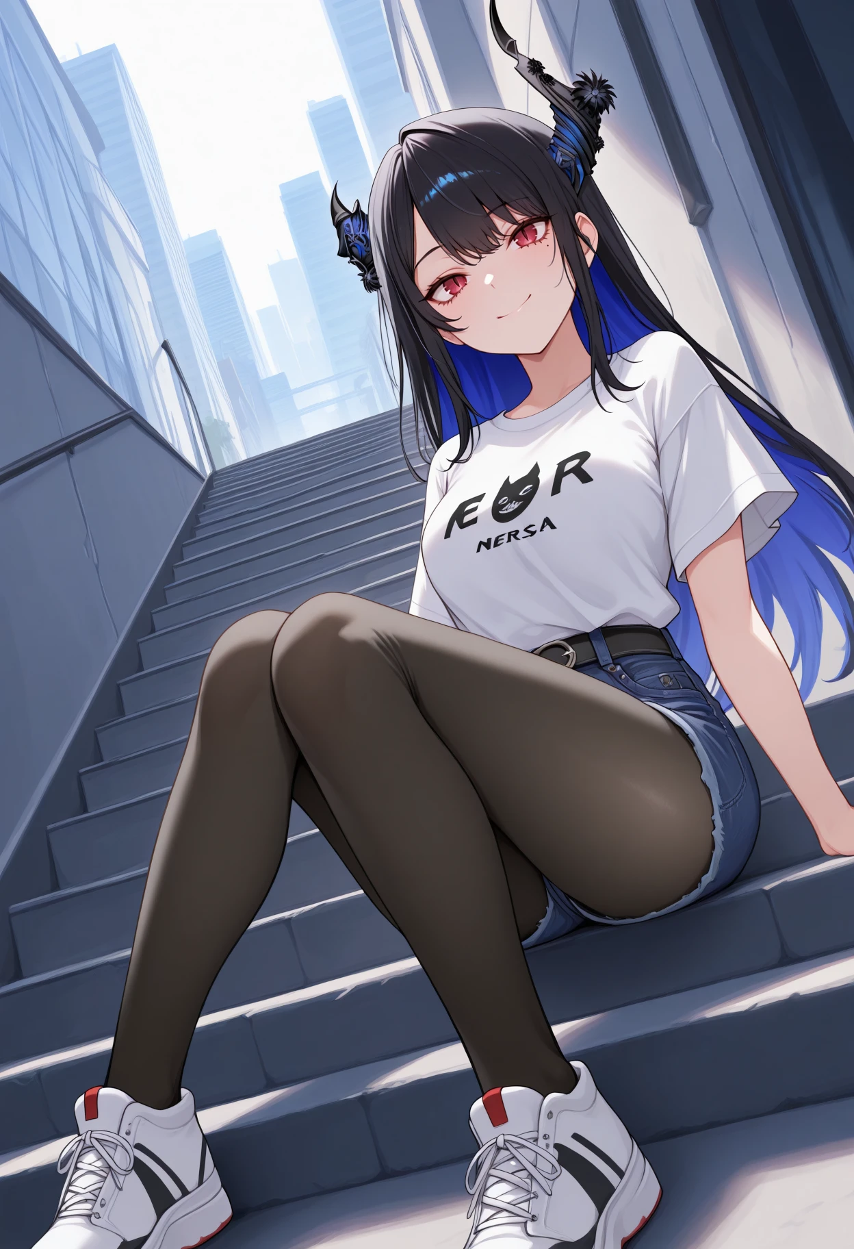 masterpiece, best quality, 1girl, solo, Ner1ssaR, colored inner hair, black hair, blue hair, red eyes, slit pupils, uneven horns, long hair, mole under eye, white shirt, t-shirt, denim shorts, pantyhose under shorts, sitting, stairs, outdoors, city, sneakers, dutch angle, smile, <lora:ChamNerissaRavencroftIllustriousXL:1>
