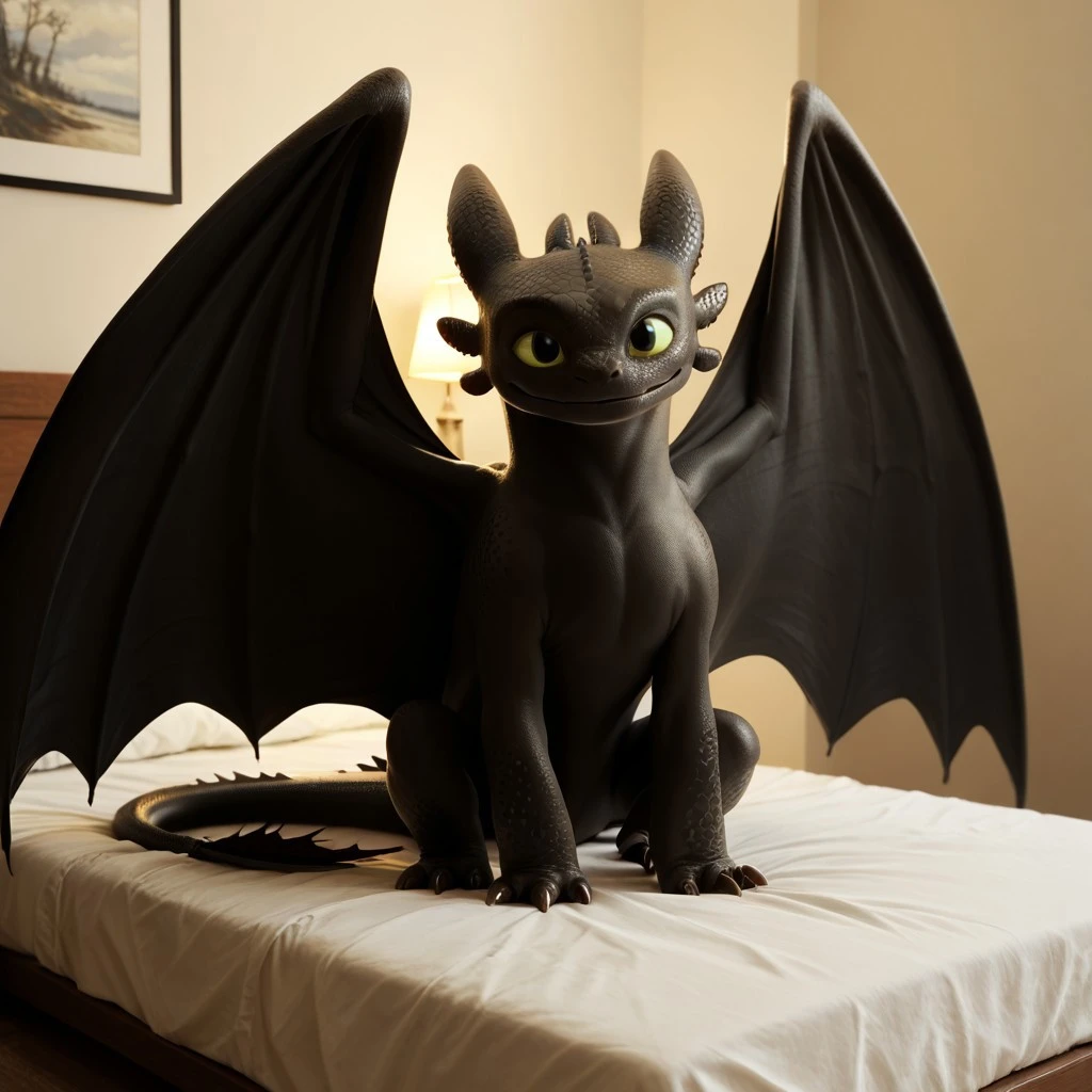 score_9, score_8_up, score_7_up, score_6_up, score_5_up, score_4_up, masterpiece, high quality, realistic, detailed, best quality, white bed, natural lighting, solo, rating_safe, source_furry, bedroom, smiling, sitting, spread wings, looking at viewer, toothless_httyd, dragon, night_fury, black scales, wings, tail, claws, male, 1boy, green sclera, black pupils, feral