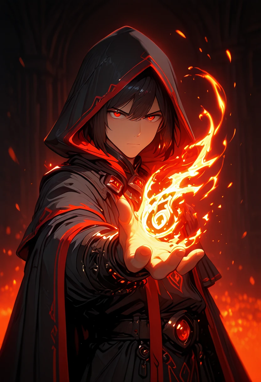Masterpiece (quality), (1boy:1.15), black hair, red eyes, black magical robe with red details, red magic wings, holding up his hand to cast spell bind where there is a glowing fire symbols on it. magical tavern in background