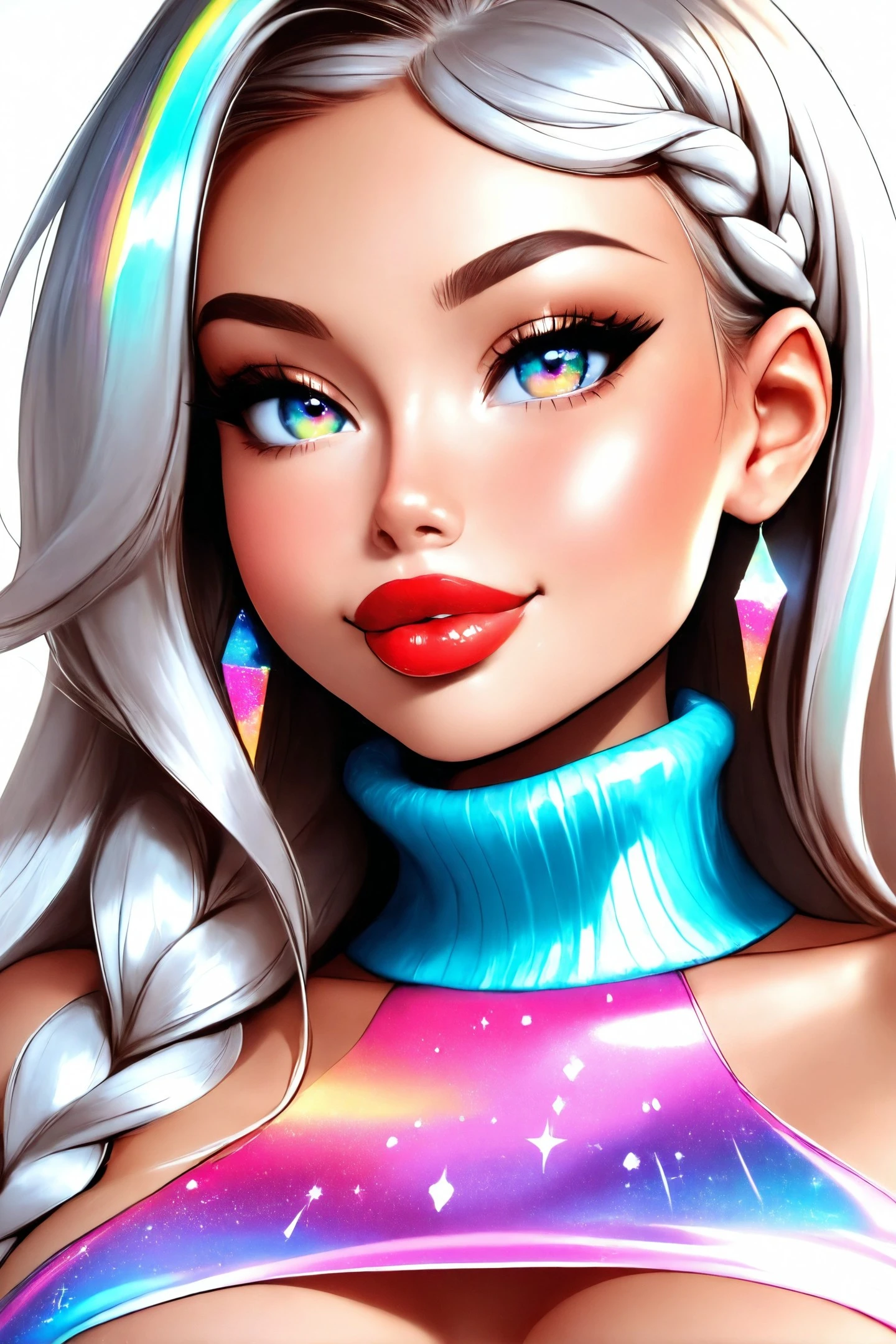 woman face closeup, braided bangs ,Rainbow Glitter Liner ,Imaginatively detailed, High-powered quality ,