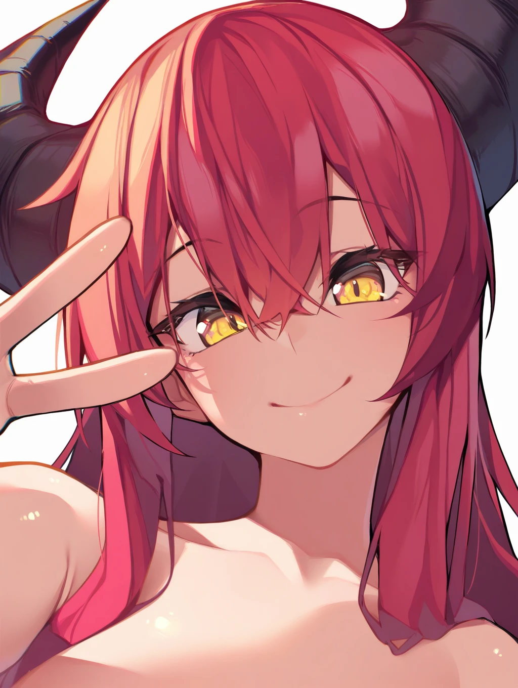 hi res, masterpiece, best quality, highres, v, yellow eyes, smile, long hair, looking at viewer, 1girl, hair between eyes, simple background, closed mouth, portrait, cartoon, shiny skin, shiny, demon horns