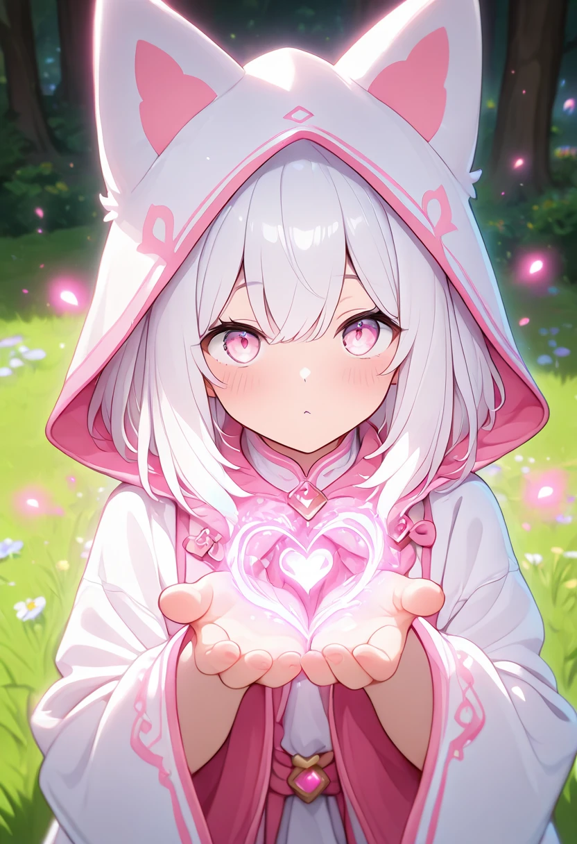 Masterpiece (quality), 1girl, white hair, pink eyes, white magical robe with pink details, pink magic wings, holding up her hand to cast spell bind where there is a glowing heart symbol on it. magical tavern in background