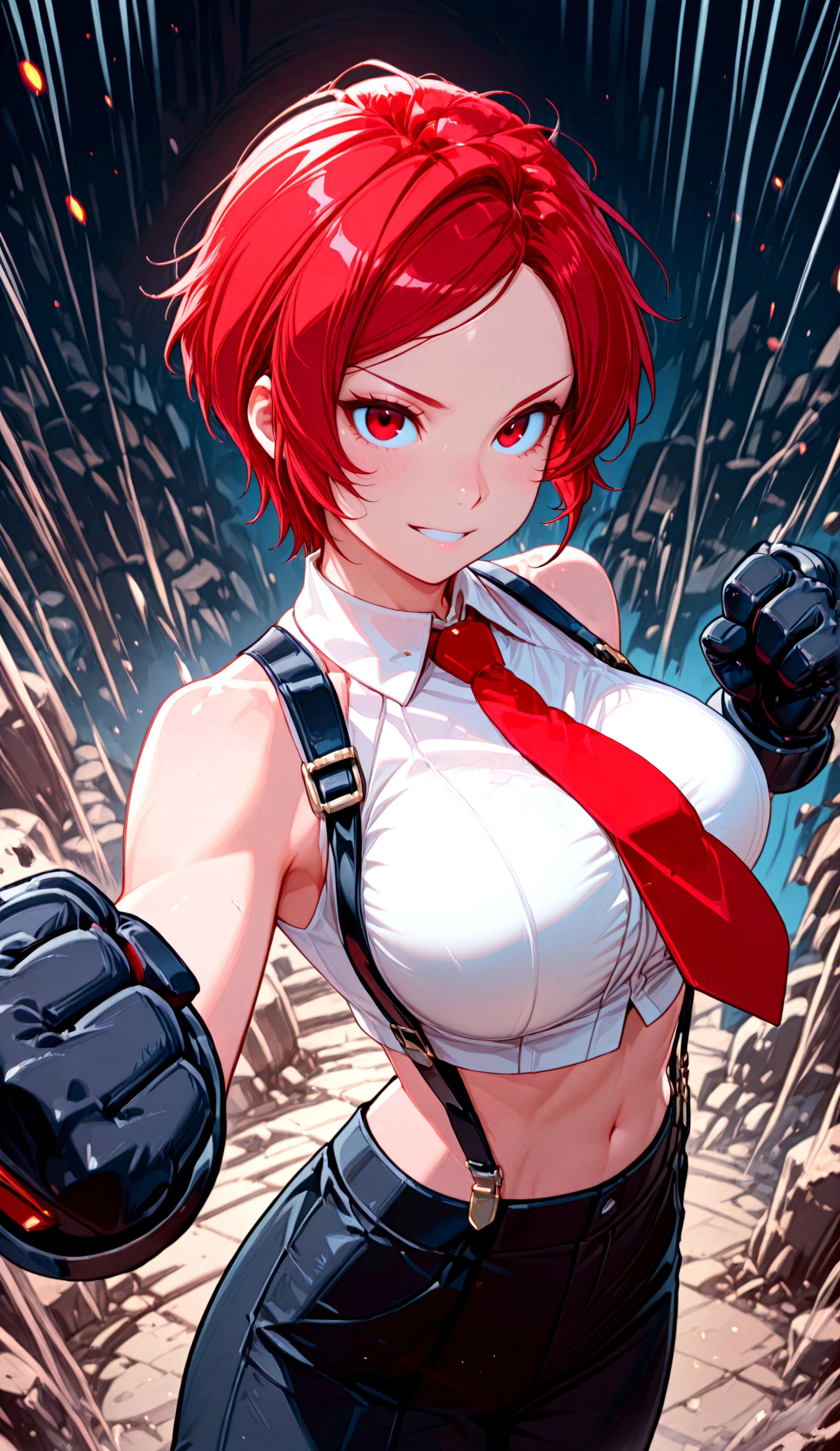 VanessaKoF, short_hair, red_eyes, black_gloves, red_necktie, bare_shoulders, navel, sleveless, midriff, pants, suspenders, cropped_top, white_shirt, breasts, cowboy shot, smiling, fighting stance, fists up